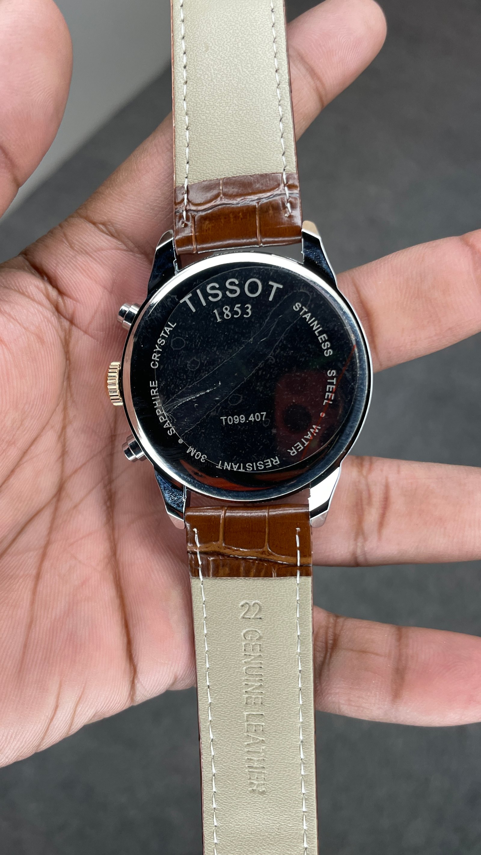 Tisssot Slim Leather Chronograph Working Brown Strap Silver Rose Gold Case White Dial
