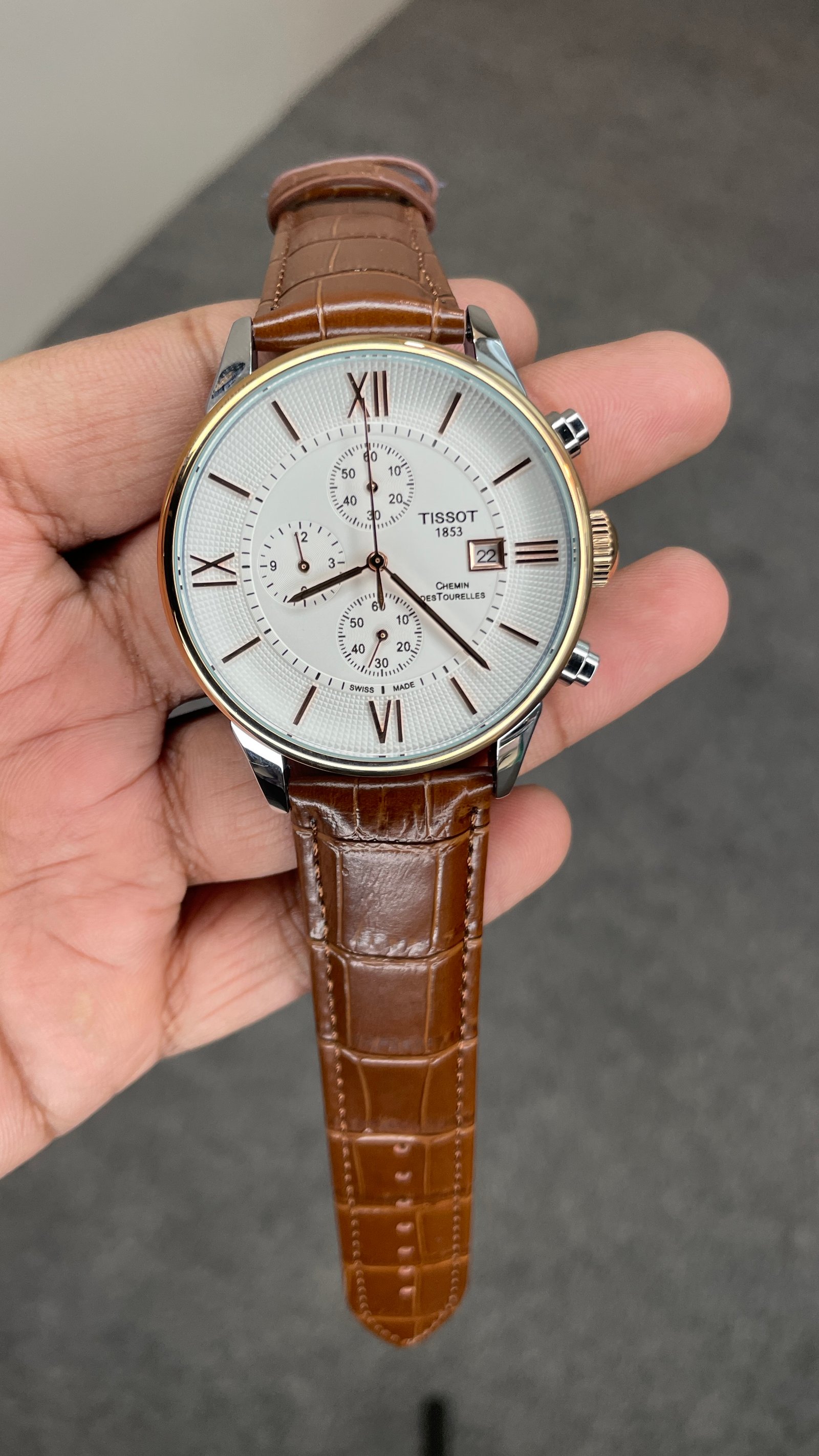 Tisssot Slim Leather Chronograph Working Brown Strap Silver Rose Gold Case White Dial