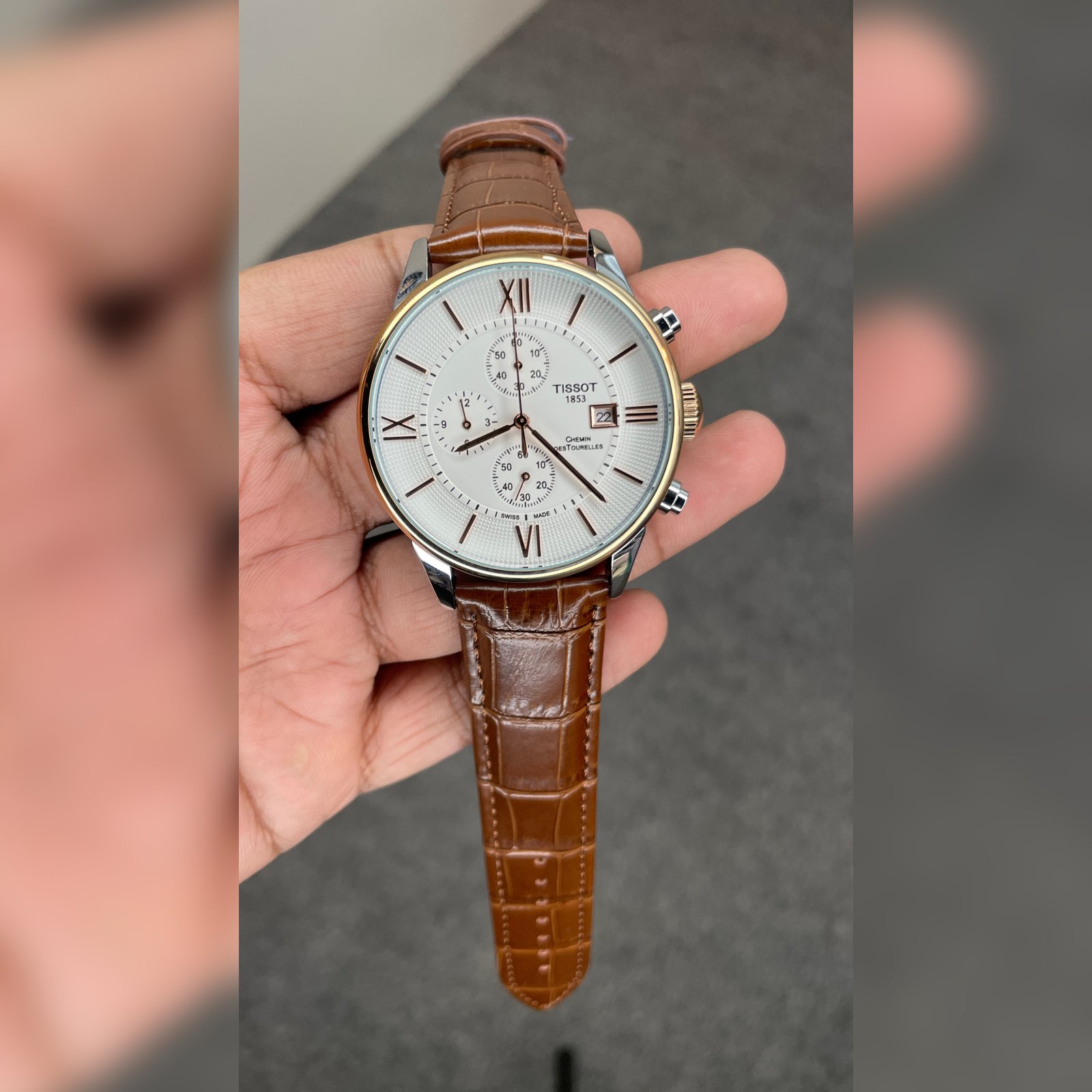 Tisssot Slim Leather Chronograph Working Brown Strap Silver Rose Gold Case White Dial