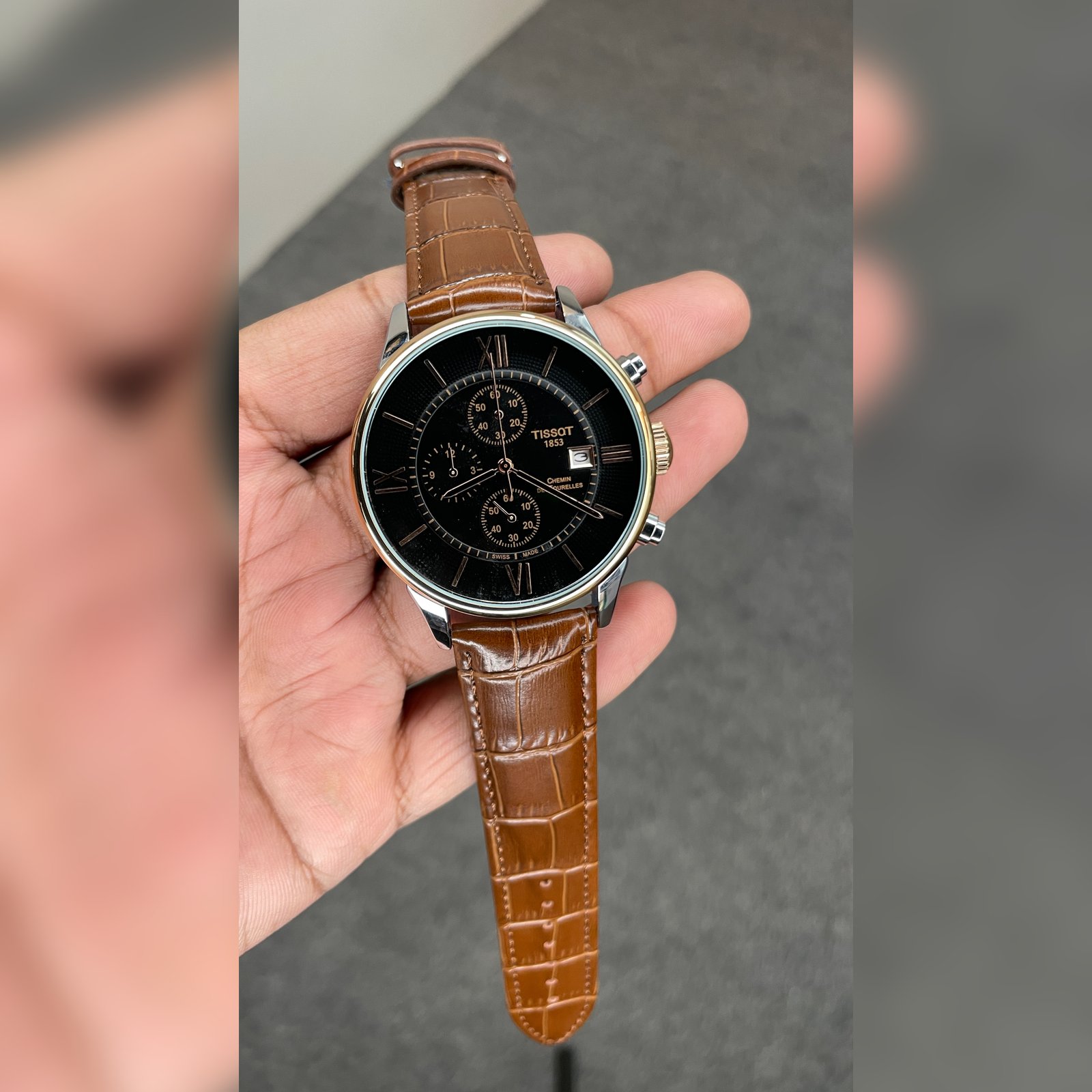 Tisssot Slim Leather Chronograph Working Brown Strap Silver Rose Gold Case Black Dial