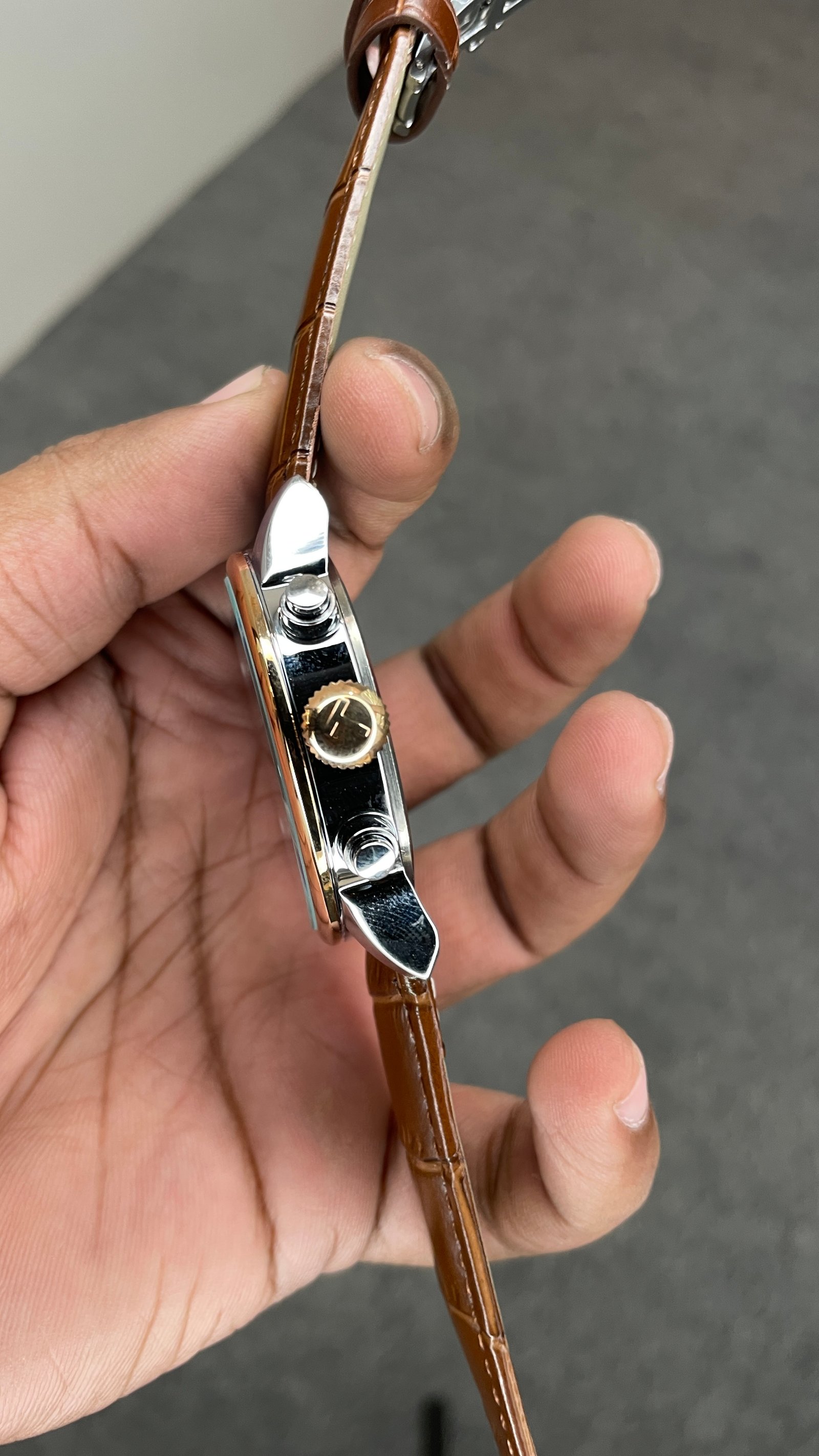 Tisssot Slim Leather Chronograph Working Brown Strap Silver Rose Gold Case Black Dial