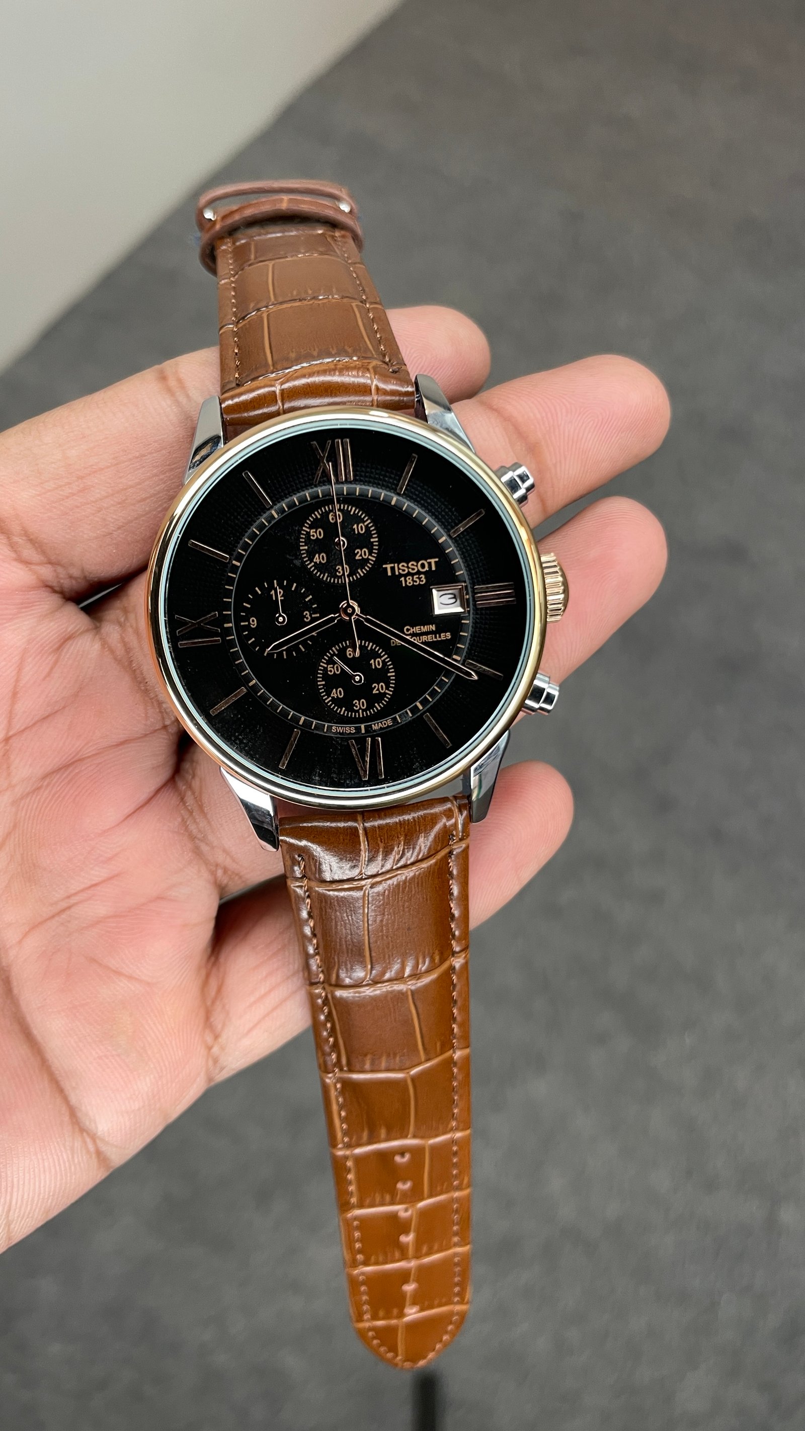 Tisssot Slim Leather Chronograph Working Brown Strap Silver Rose Gold Case Black Dial