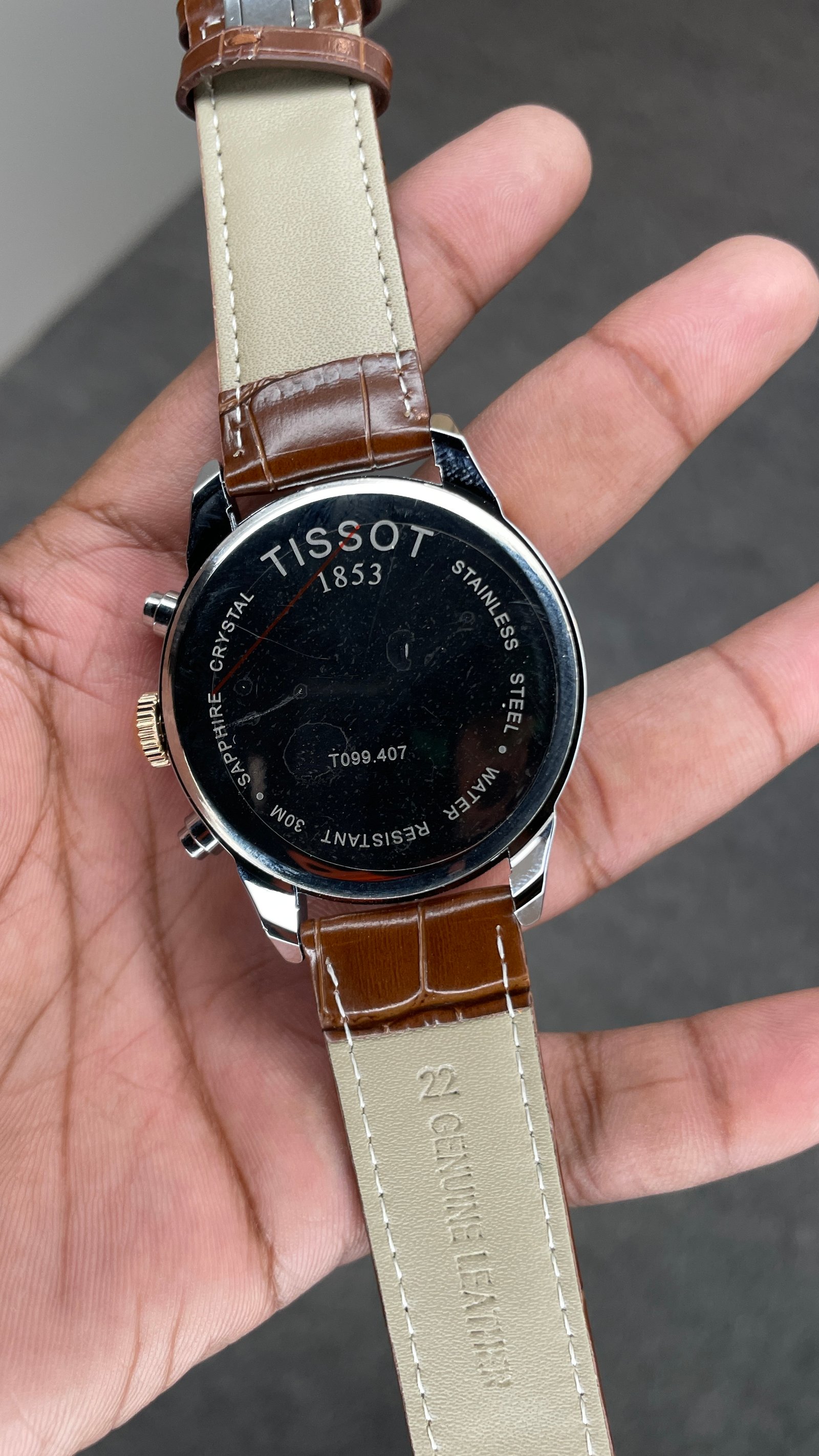 Tisssot Slim Leather Chronograph Working Brown Strap Silver Rose Gold Case Black Dial
