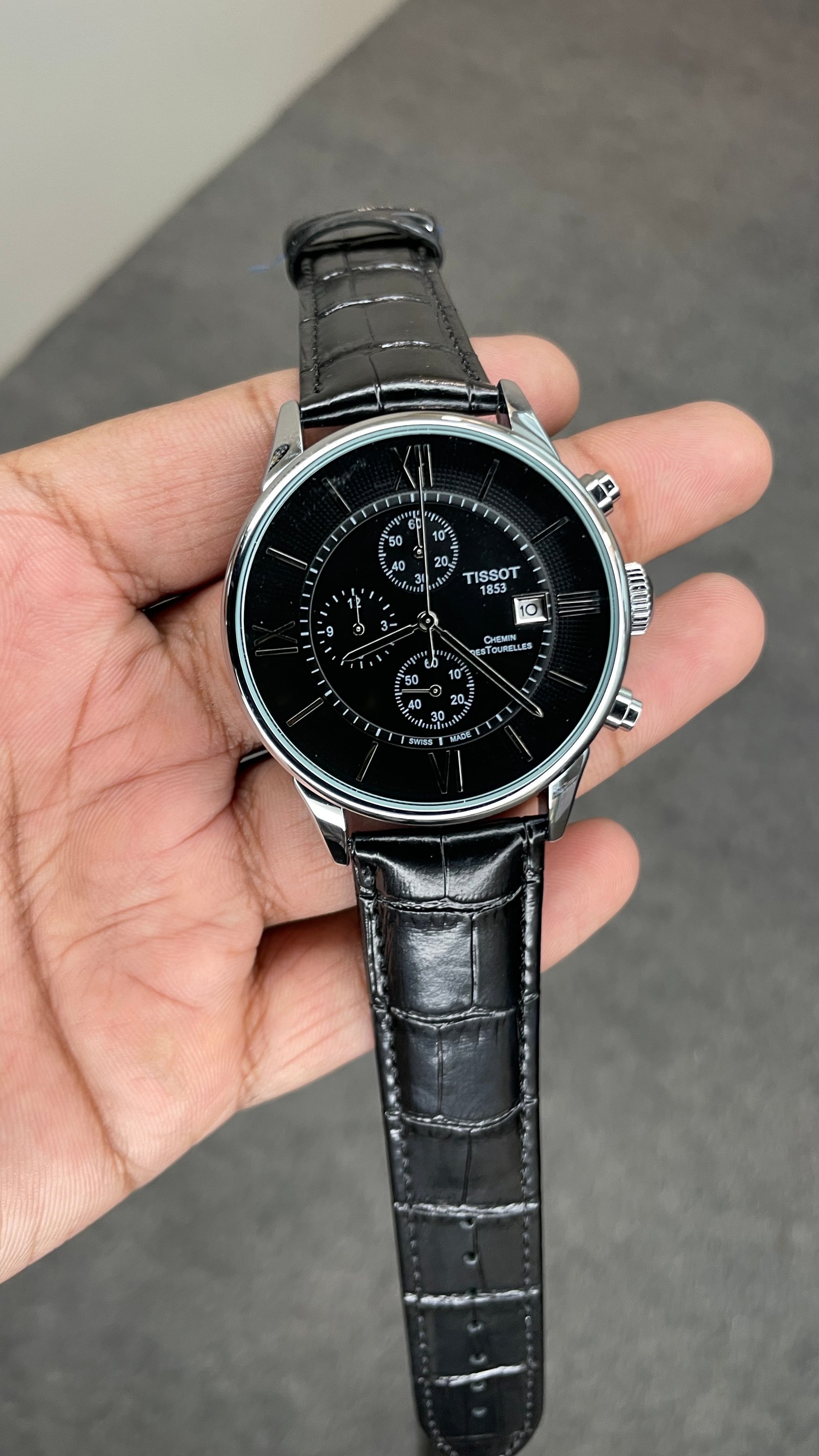 Tisssot Slim Leather Chronograph Working Black Strap Silver Case Black Dial