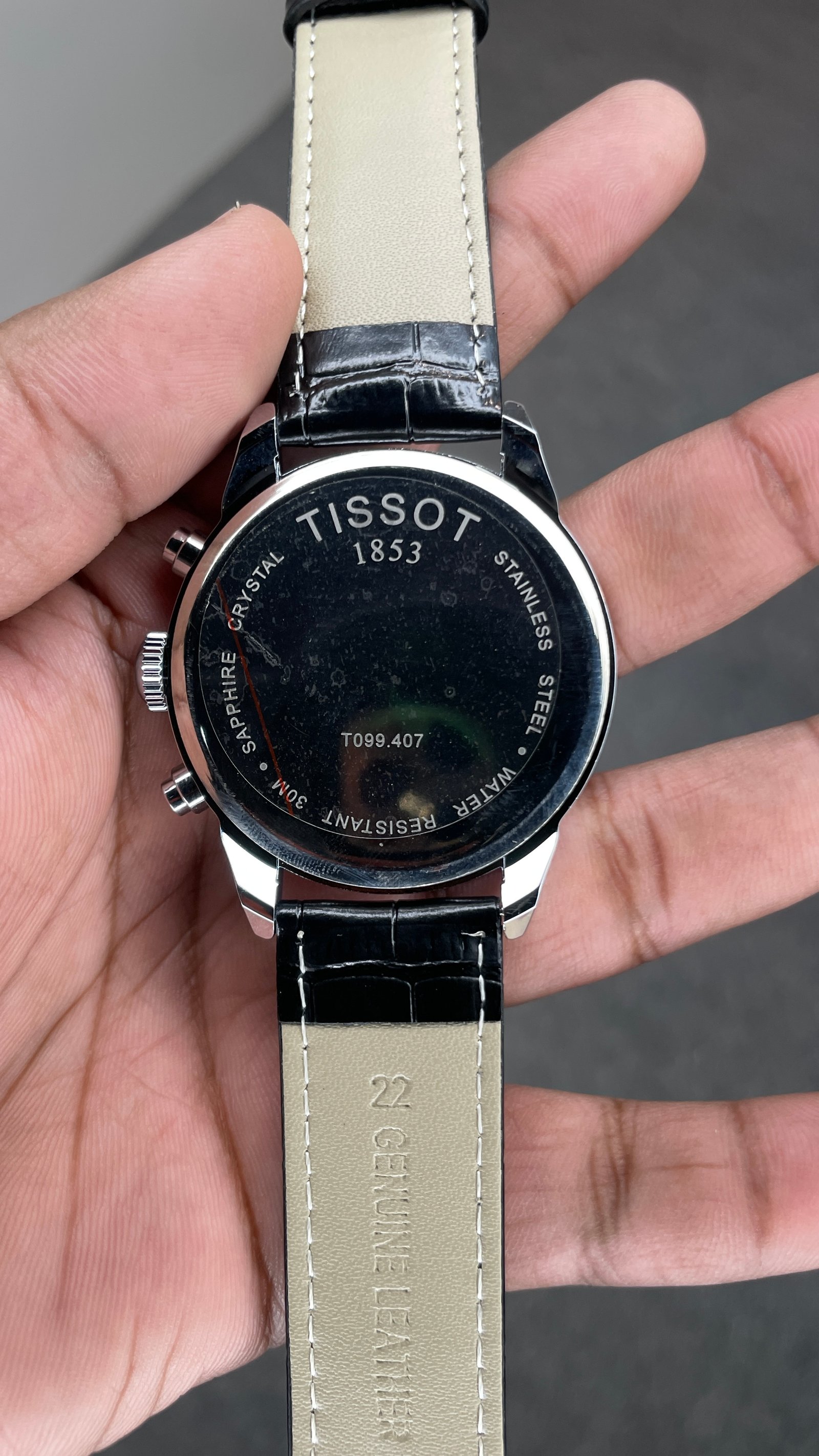Tisssot Slim Leather Chronograph Working Black Strap Silver Case Black Dial