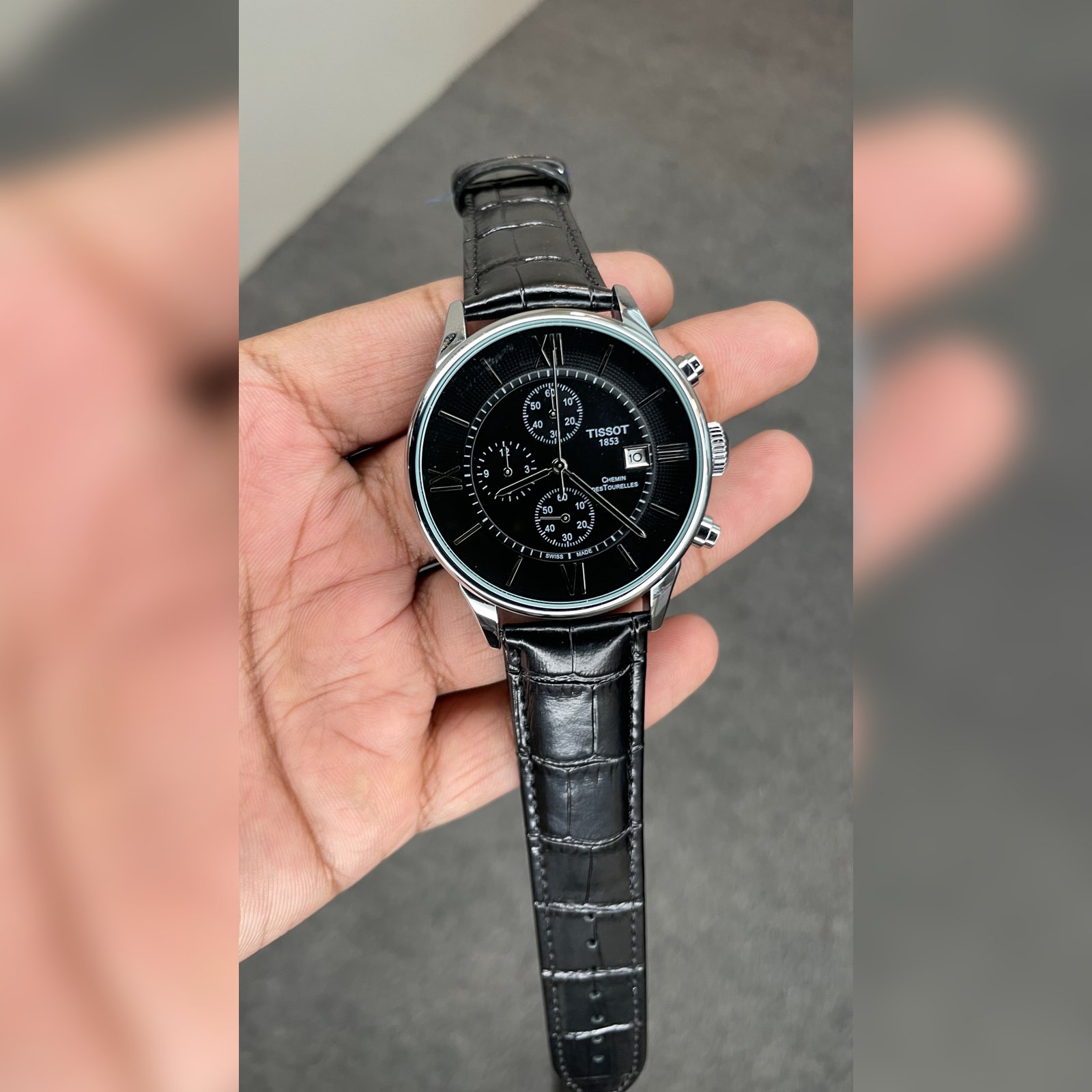 Tisssot Slim Leather Chronograph Working Black Strap Silver Case Black Dial
