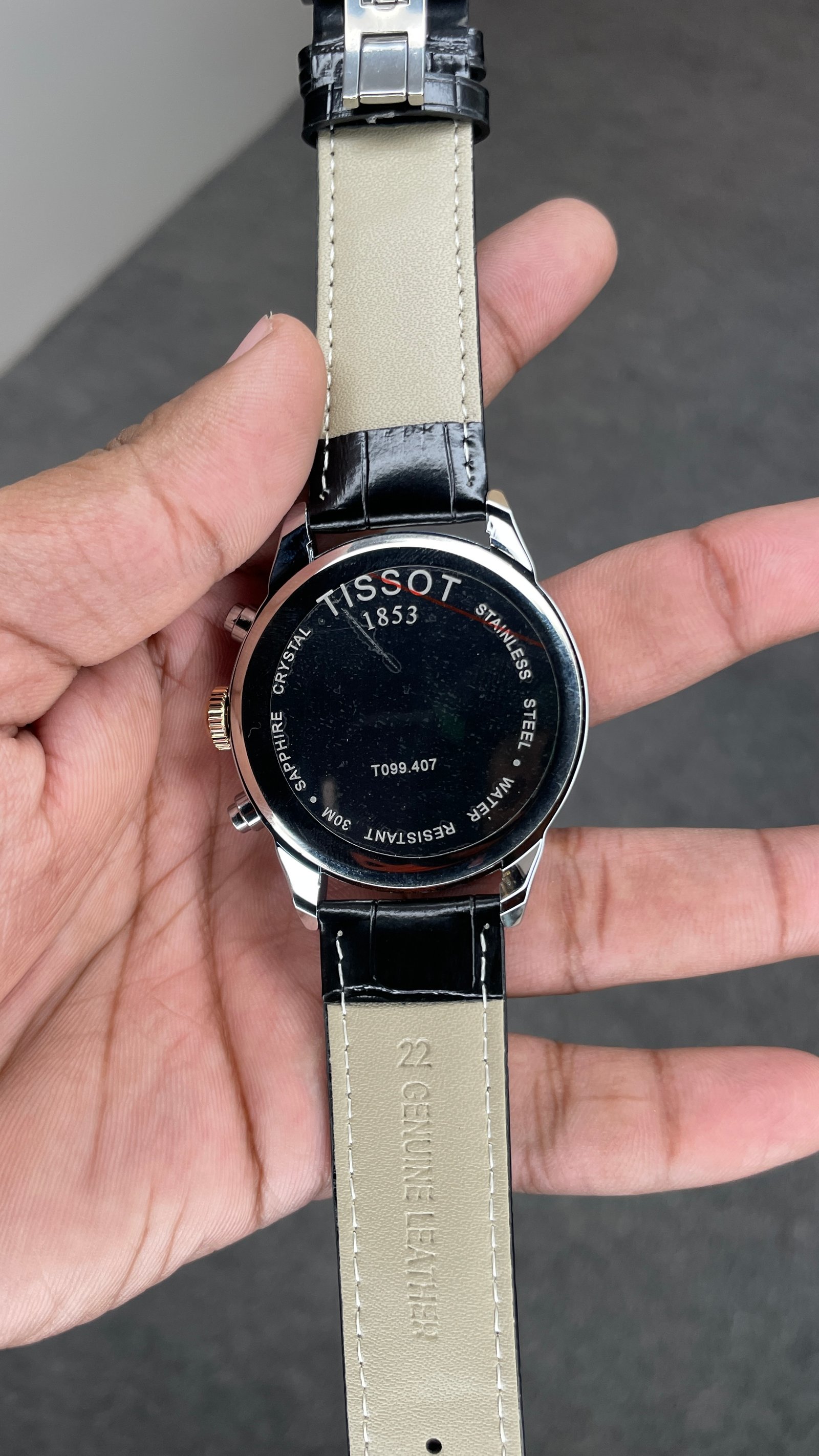 Tisssot Slim Leather Chronograph Working Black Strap Silver Gold Case Black Dial