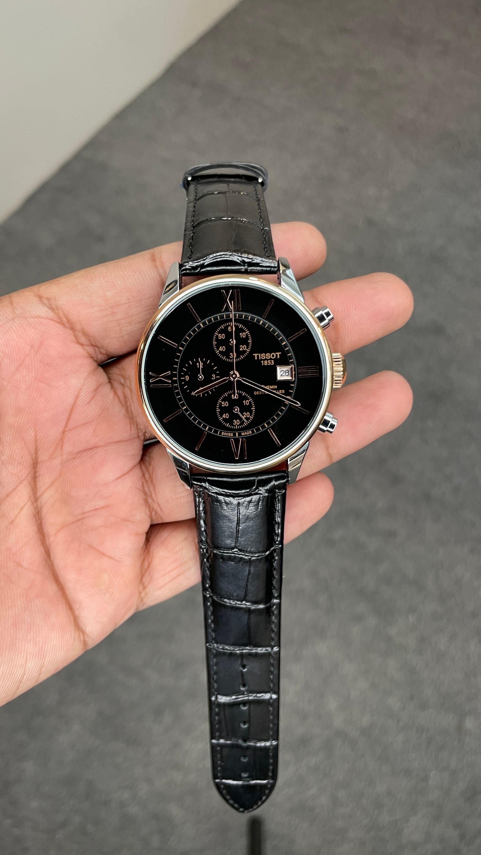 Tisssot Slim Leather Chronograph Working Black Strap Silver Gold Case Black Dial
