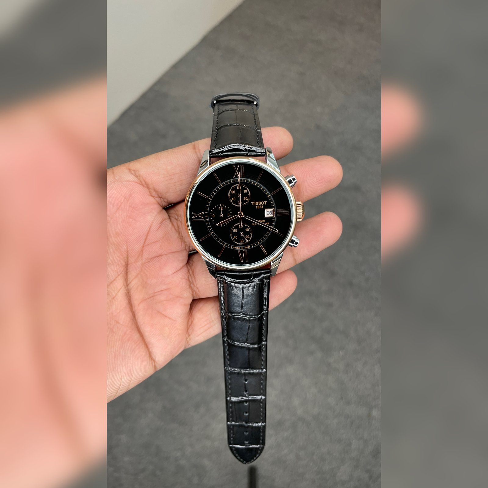 Tisssot Slim Leather Chronograph Working Black Strap Silver Gold Case Black Dial