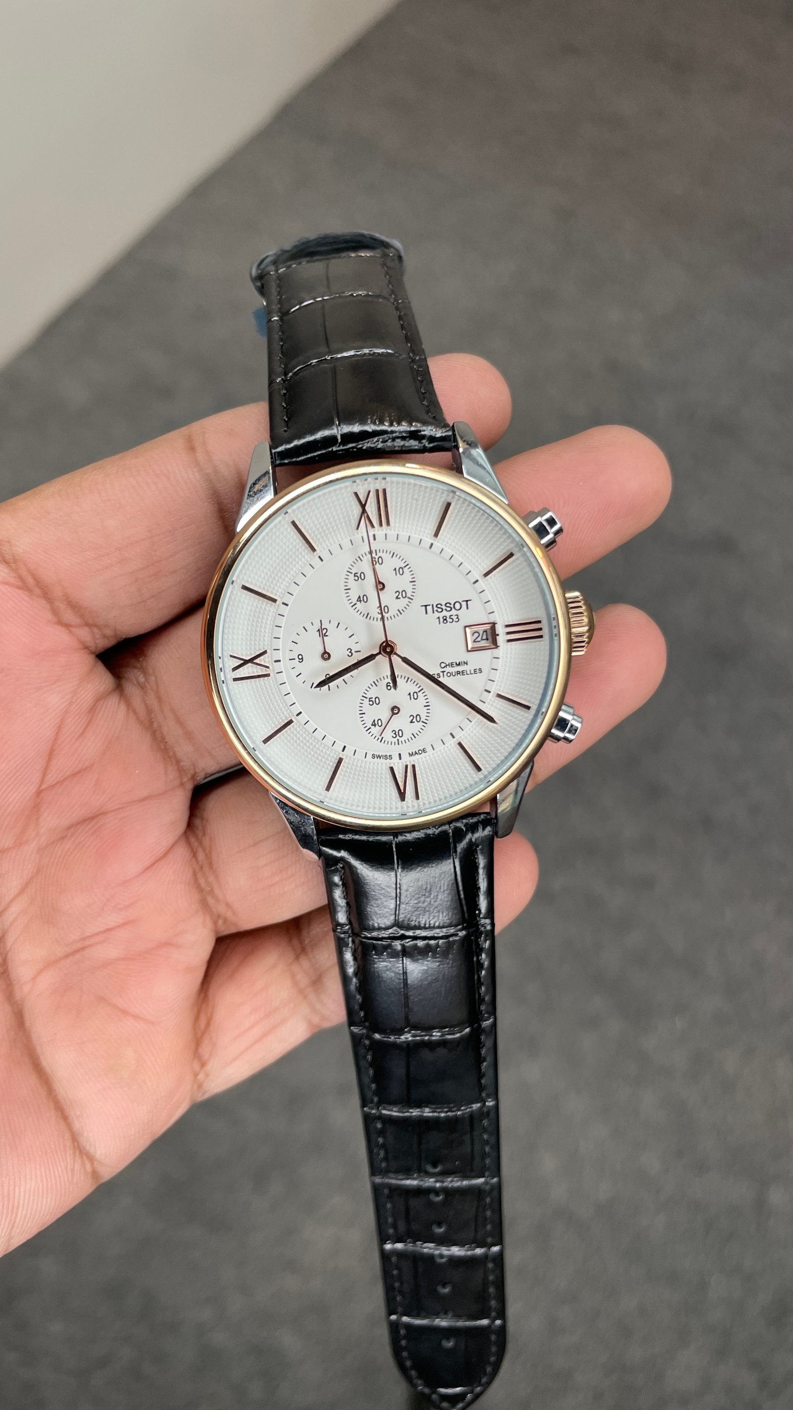 Tisssot Slim Leather Chronograph Working Black Strap Silver Gold Case White Dial