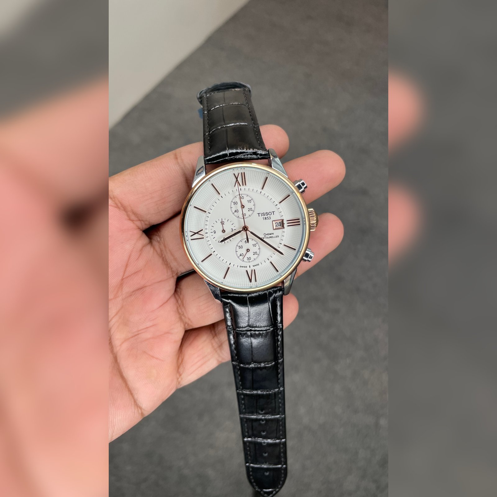 Tisssot Slim Leather Chronograph Working Black Strap Silver Gold Case White Dial