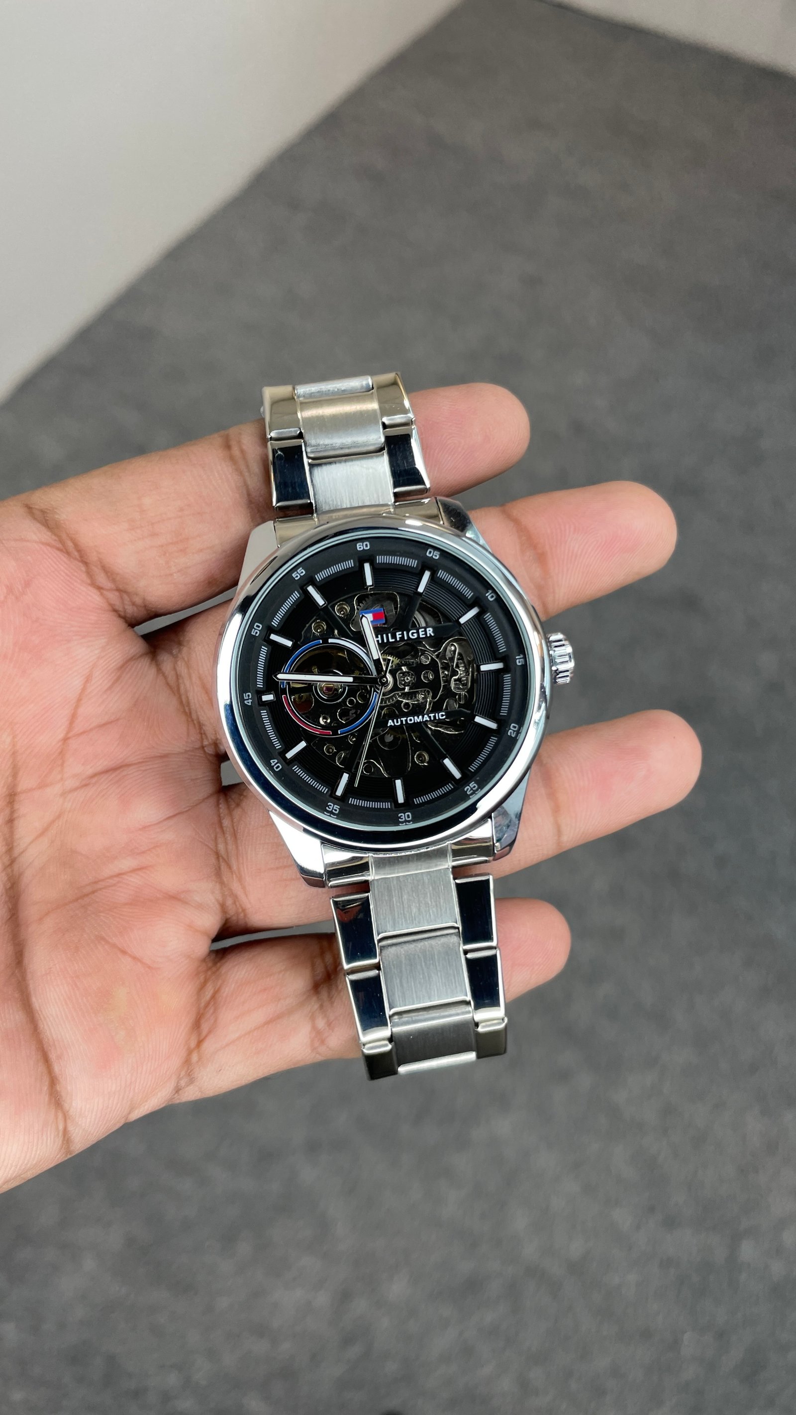 Tommyy Hilfigerr Automatic Silver Chain With Black Dial