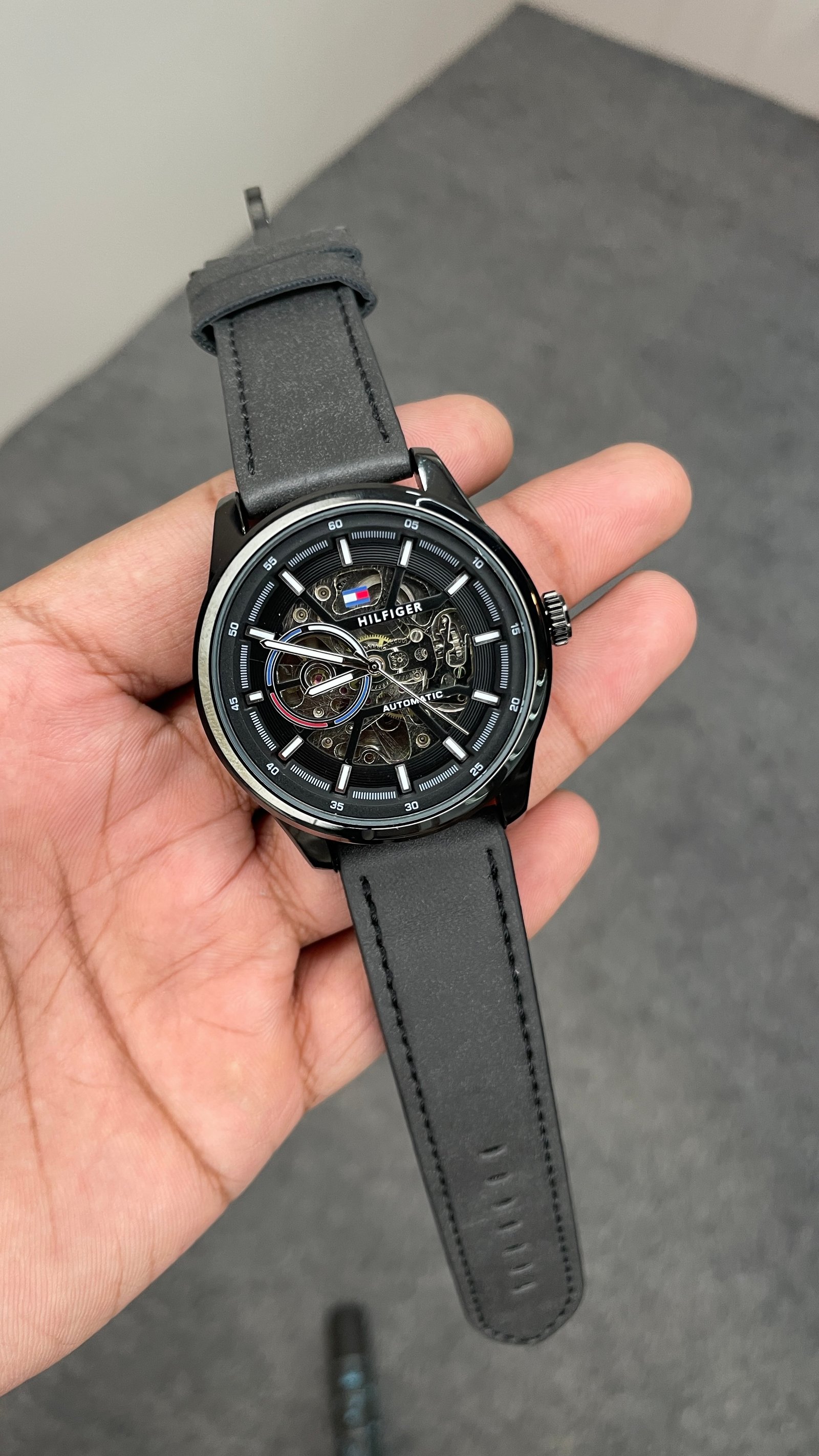 Tommy Hilfiger Automatic Leather Black Strap Black Case With Black Dial