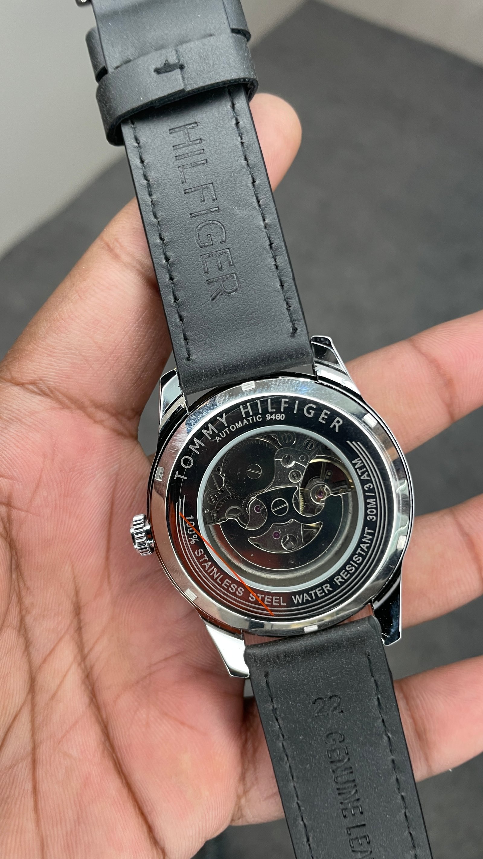 Tommy Hilfiger Automatic Leather Black Strap Silver Case With Black Dial