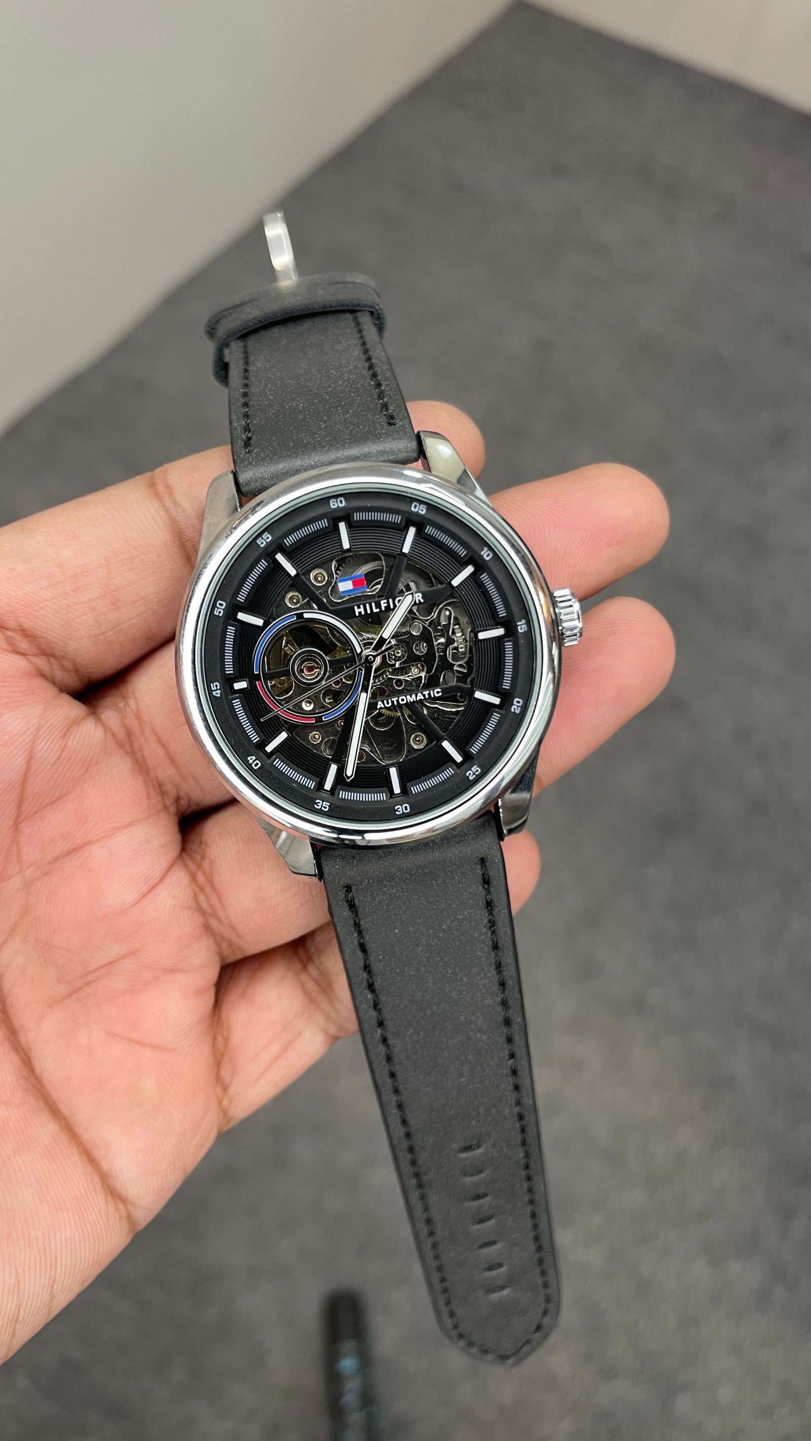 Tommy Hilfiger Automatic Leather Black Strap Silver Case With Black Dial