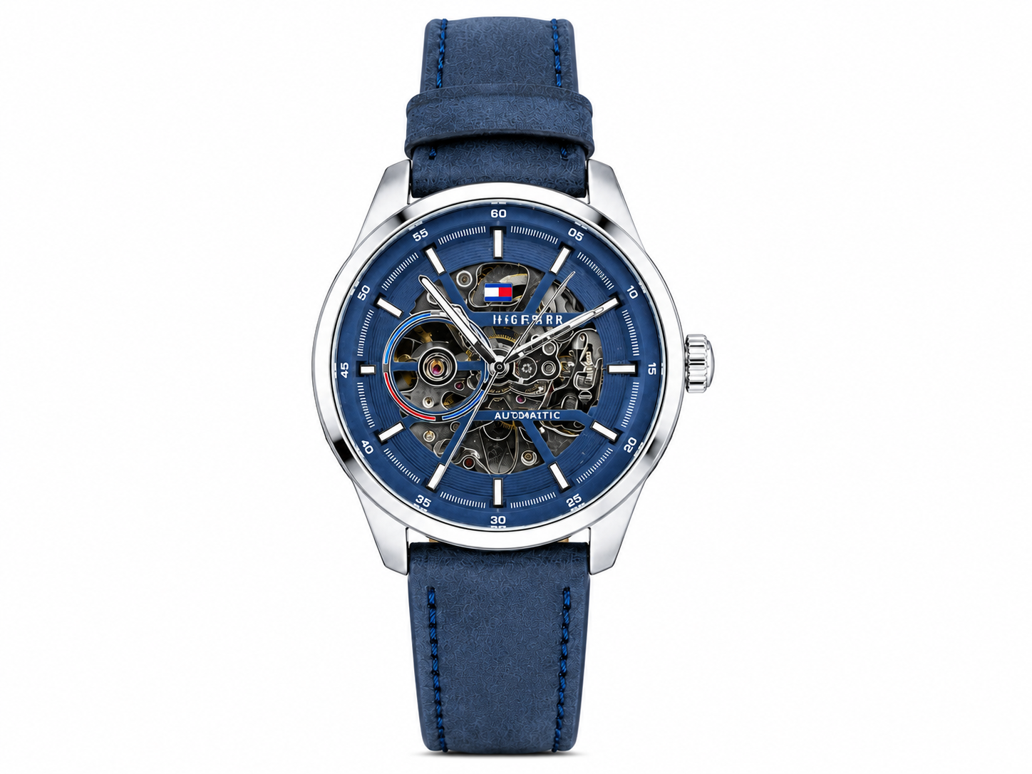 Tommy Hilfiger Automatic Leather Blue Strap Silver Case With Blue Dial