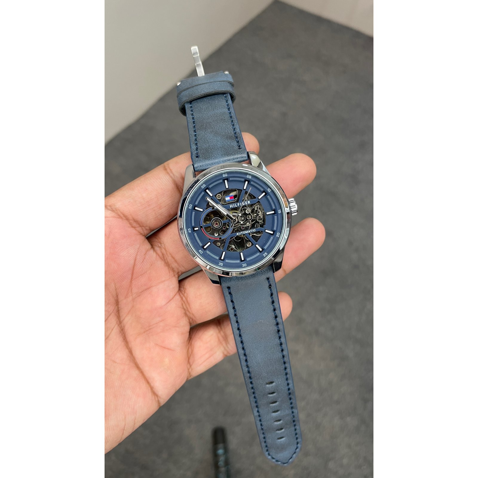 Tommy Hilfiger Automatic Leather Blue Strap Silver Case With Blue Dial