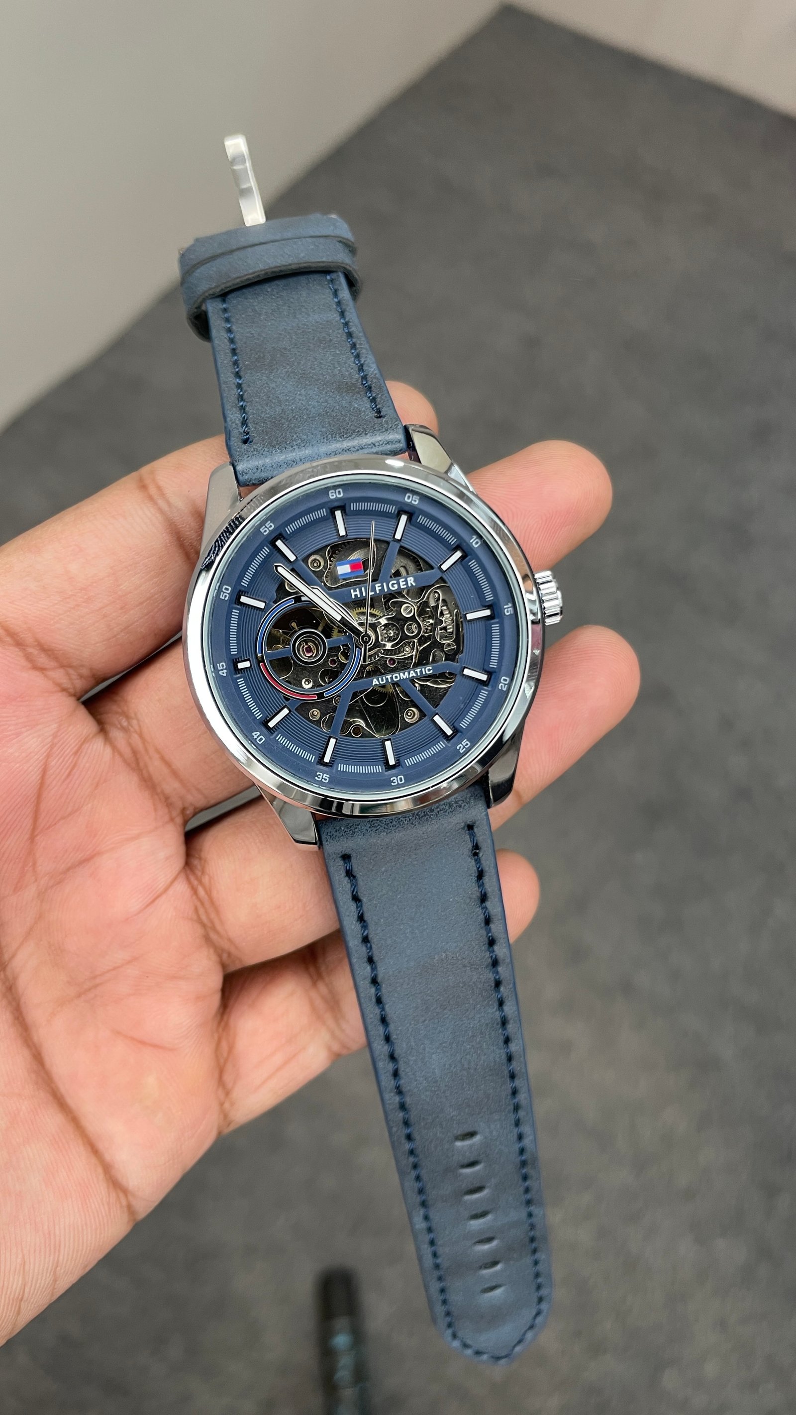 Tommy Hilfiger Automatic Leather Blue Strap Silver Case With Blue Dial