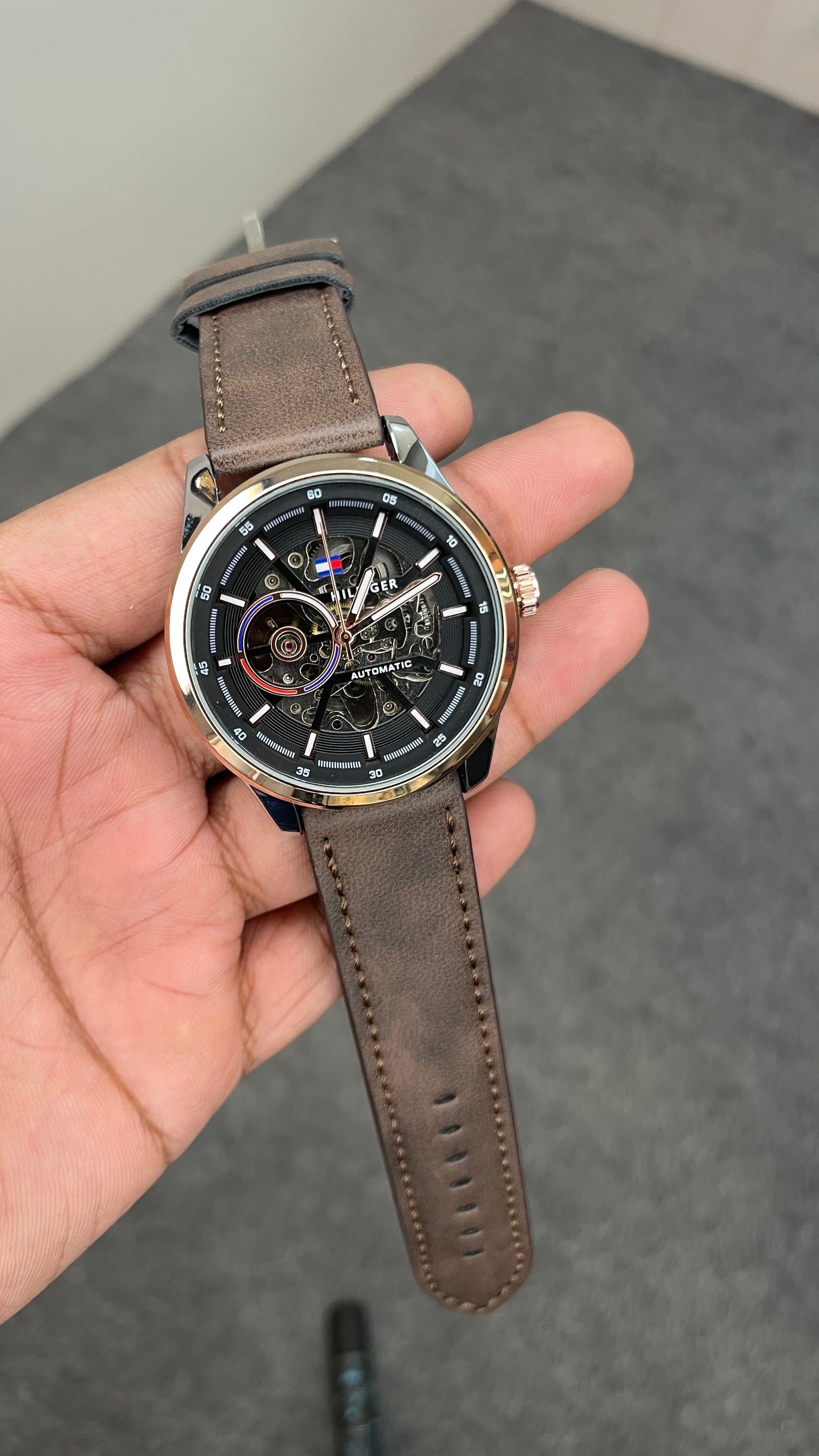 Tommy Hilfiger Automatic Leather Brown Strap Silver Rosegold Case With Black Dial