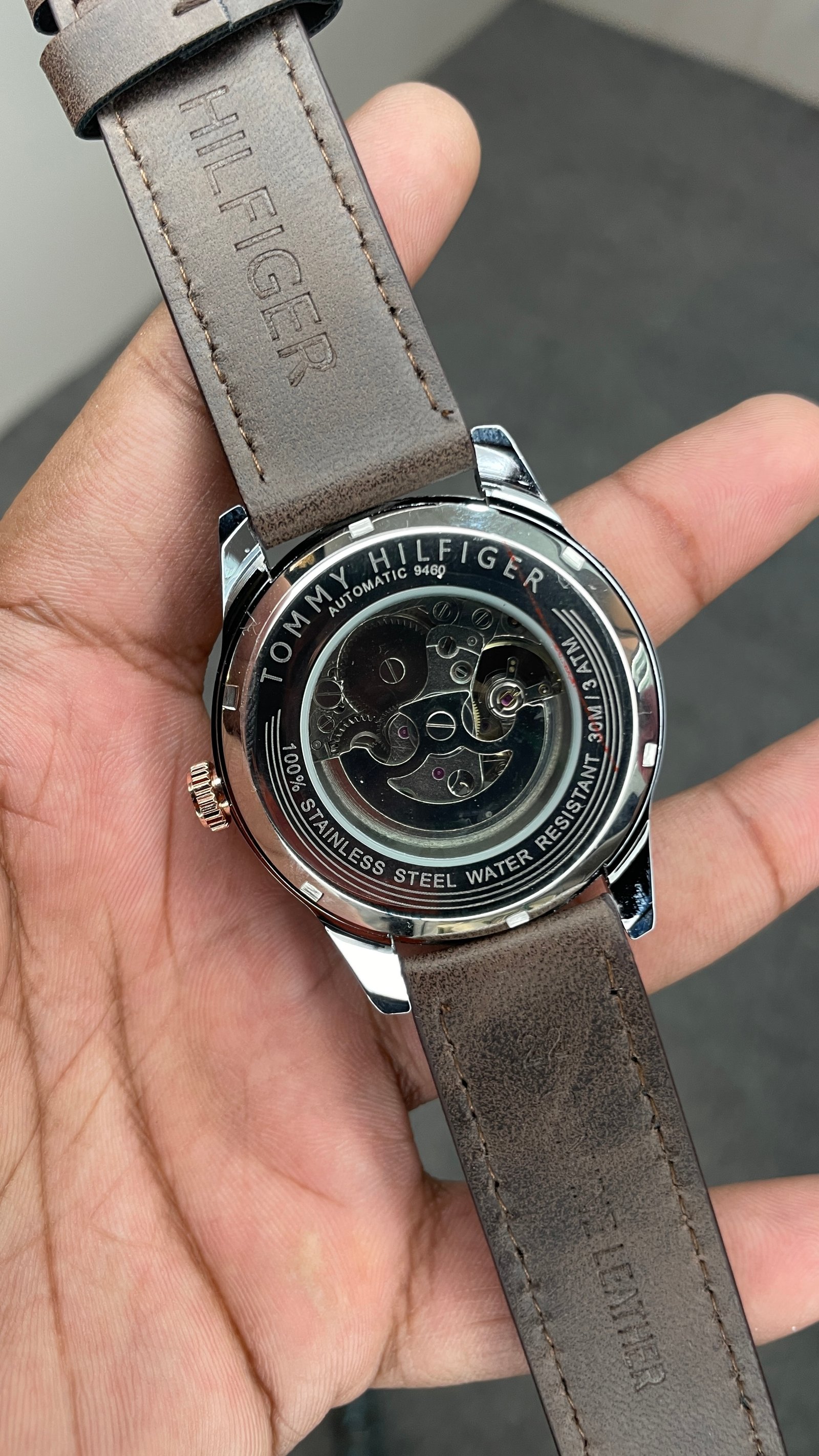 Tommy Hilfiger Automatic Leather Brown Strap Silver Rosegold Case With Black Dial
