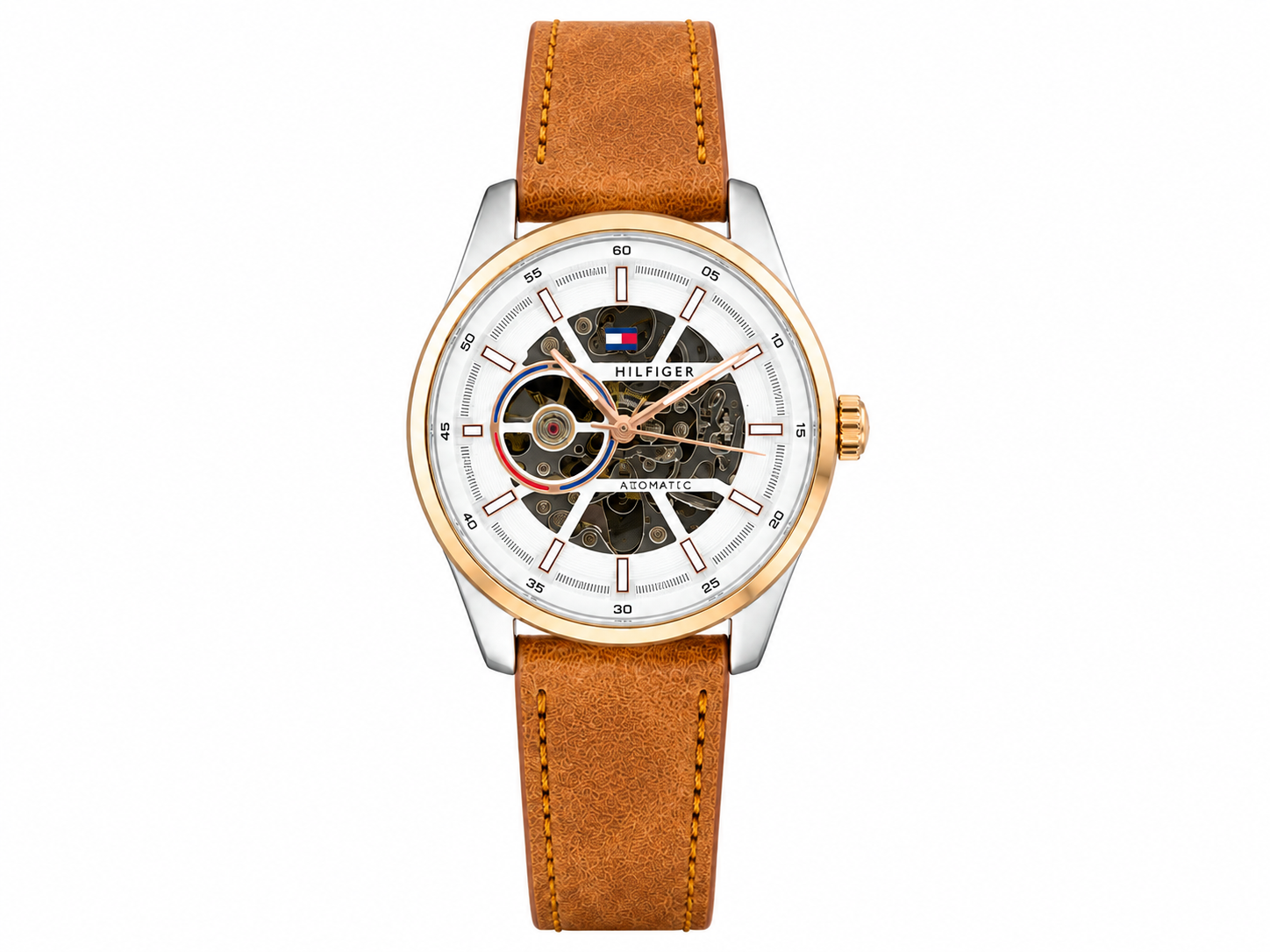 Tommy Hilfiger Automatic Leather Tan Brown Strap Silver Rosegold Case With White Dial