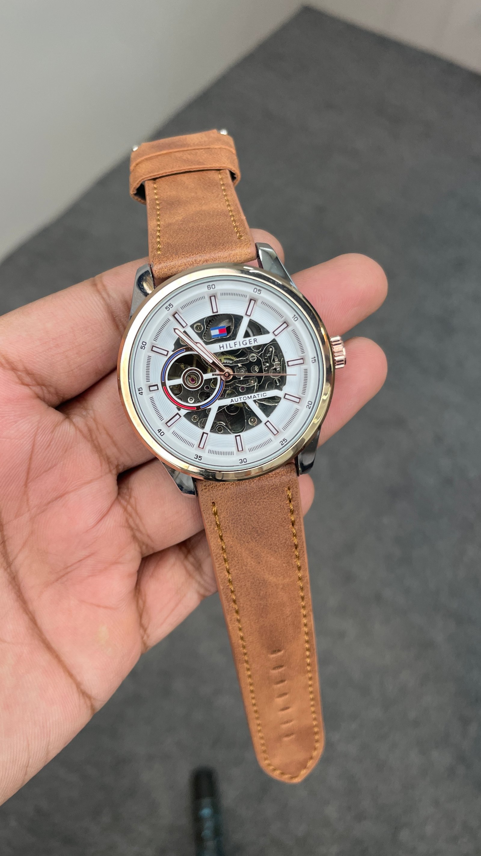 Tommy Hilfiger Automatic Leather Tan Brown Strap Silver Rosegold Case With White Dial