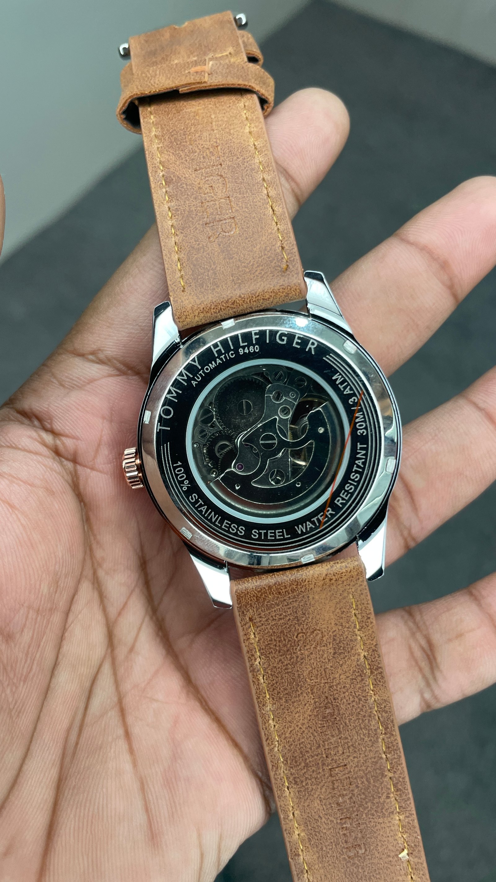 Tommy Hilfiger Automatic Leather Tan Brown Strap Silver Rosegold Case With White Dial