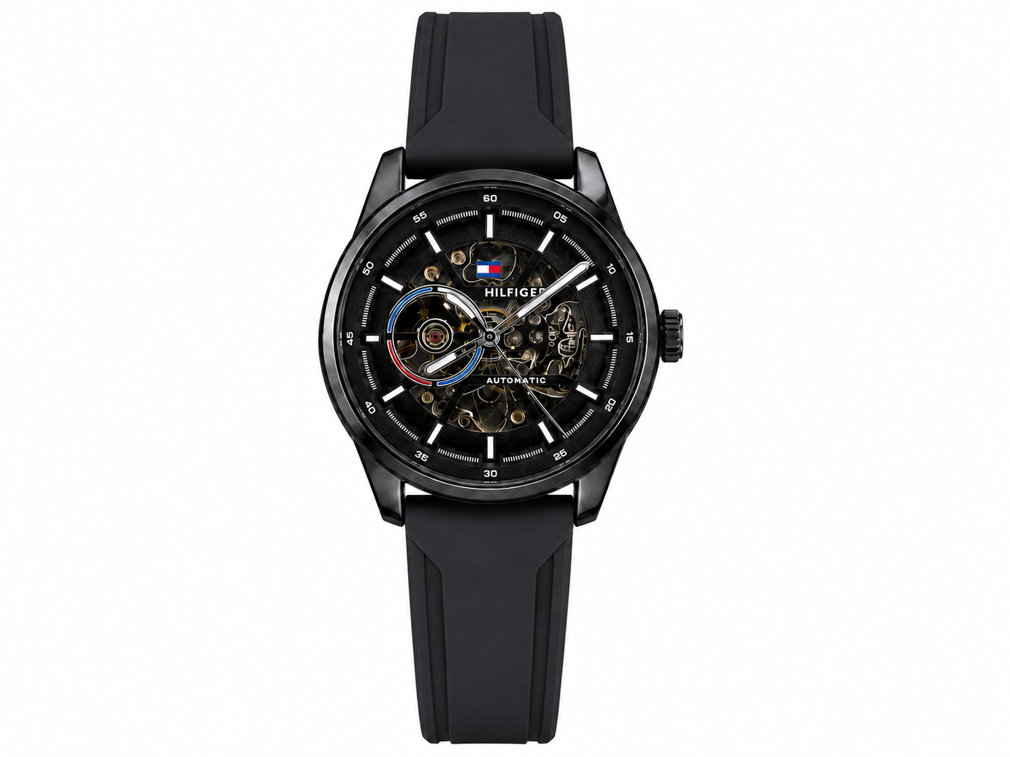 Tommy Hilfiger Automatic Silicone Black Strap Black Case With Black Dial