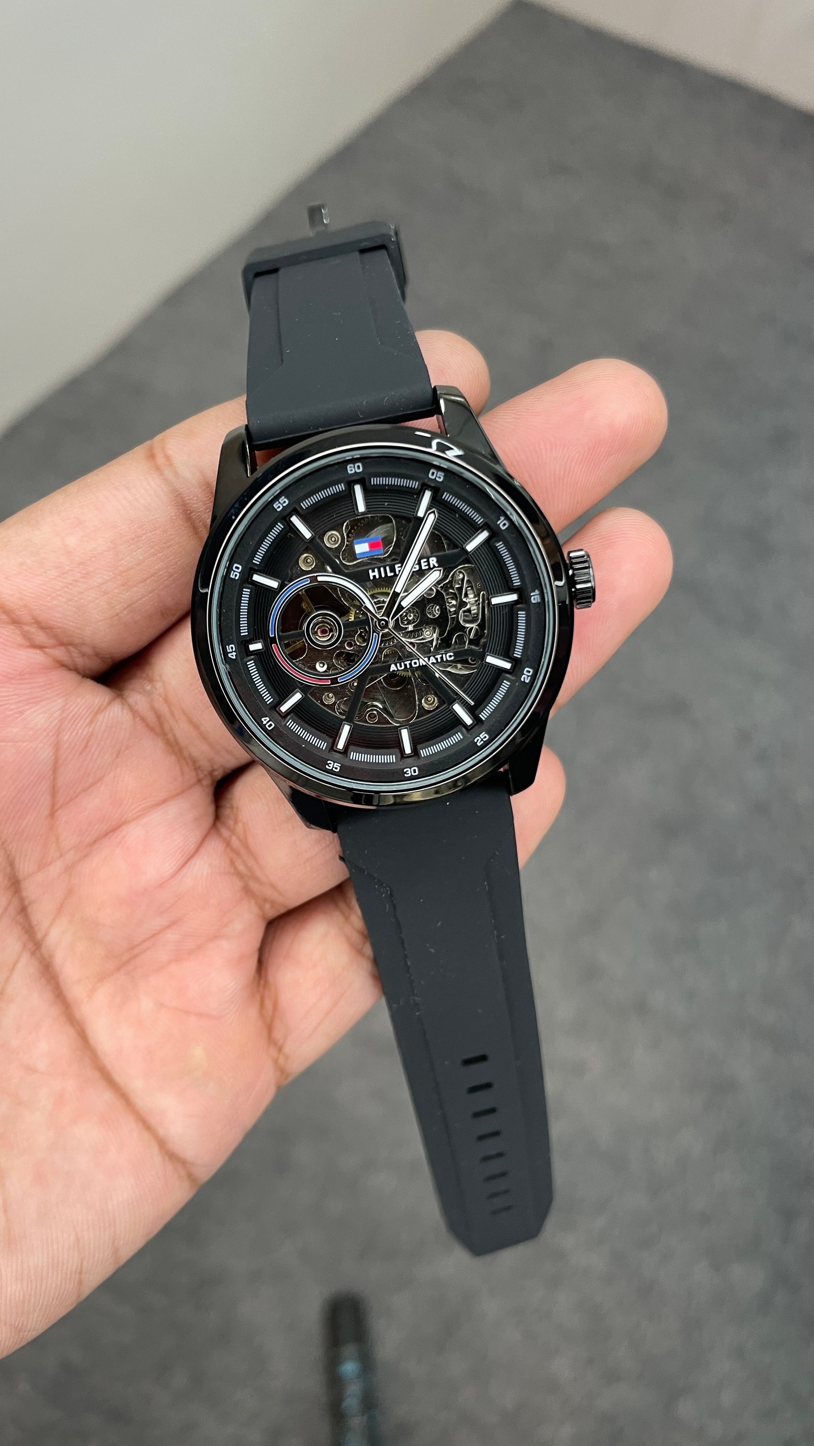 Tommy Hilfiger Automatic Silicone Black Strap Black Case With Black Dial