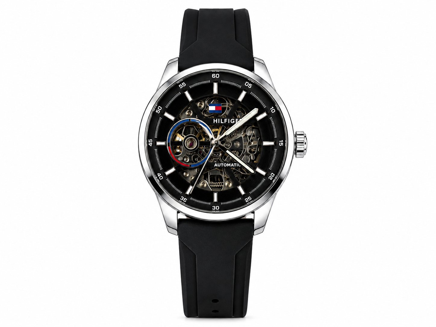 Tommy Hilfiger Automatic Silicone Black Strap Silver Case With Black Dial
