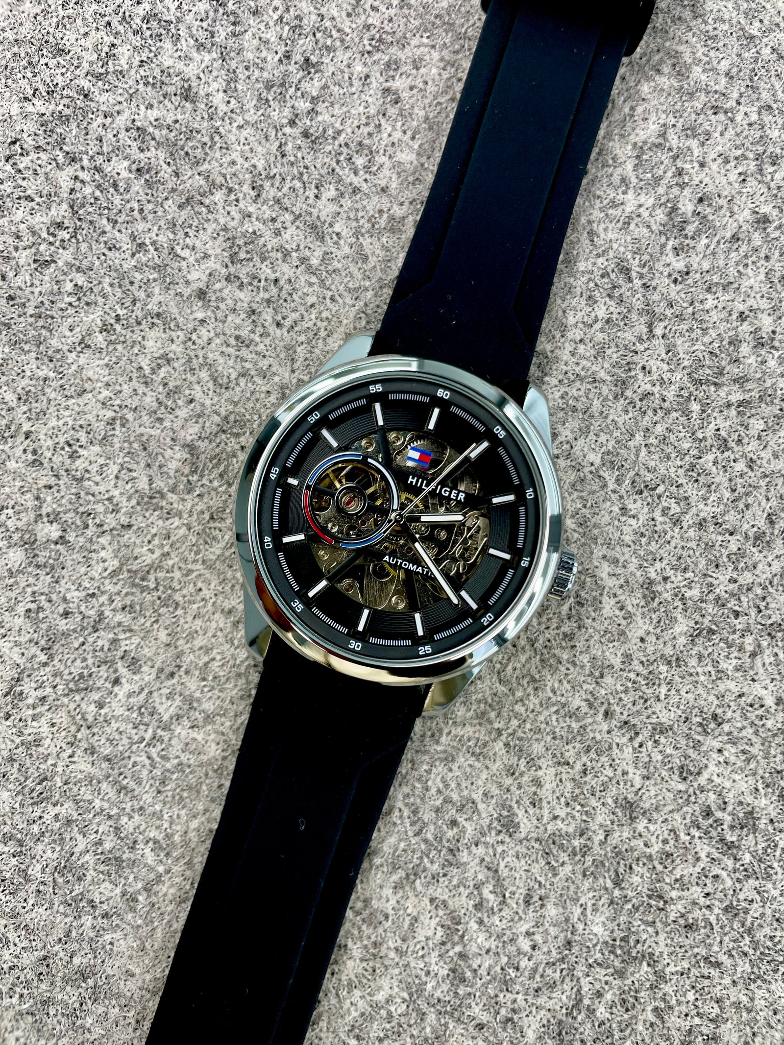 Tommy Hilfiger Automatic Silicone Black Strap Silver Case With Black Dial