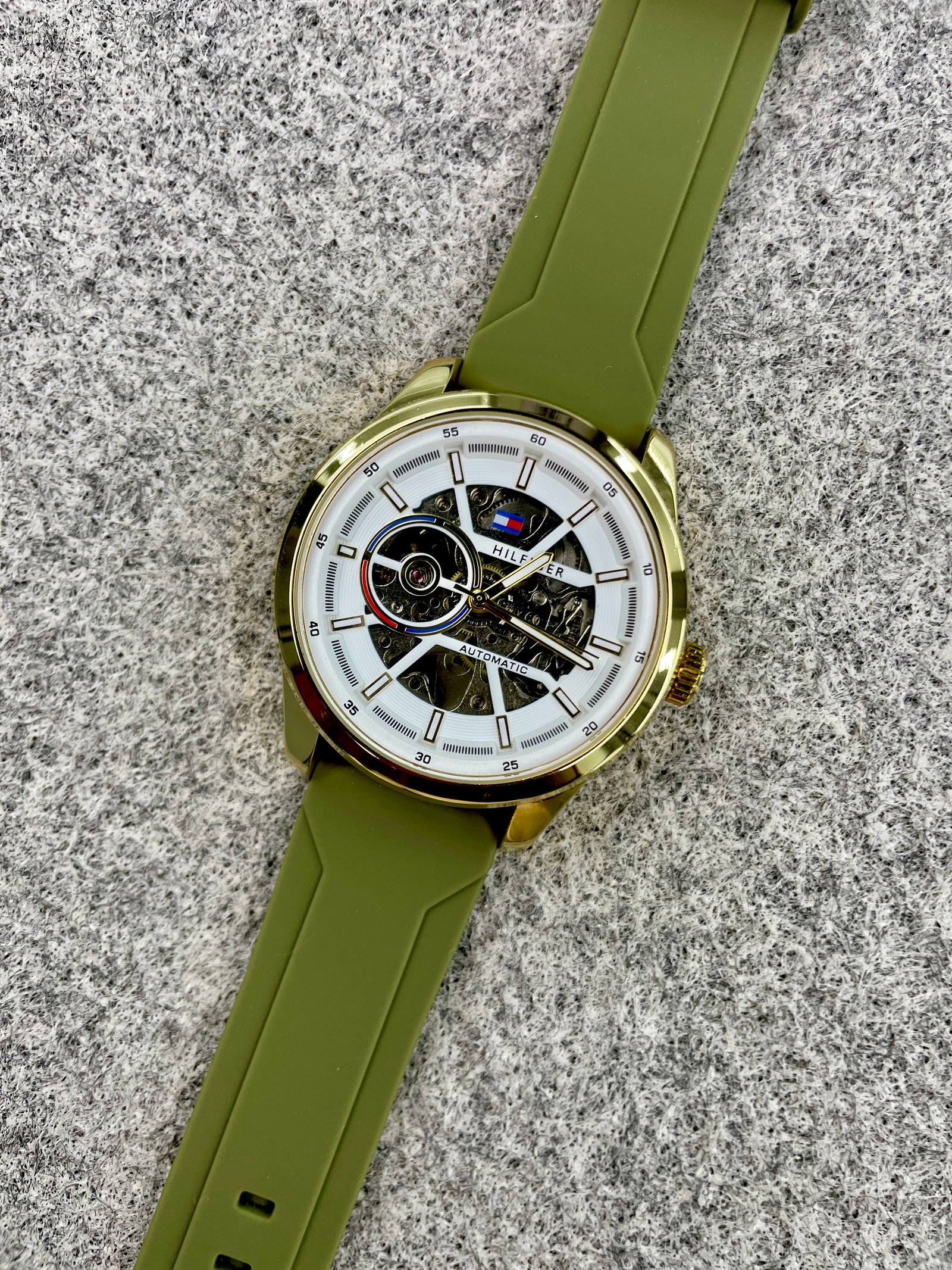 Tommy Hilfiger Automatic Silicone Olive Green Strap Gold Case With White Dial
