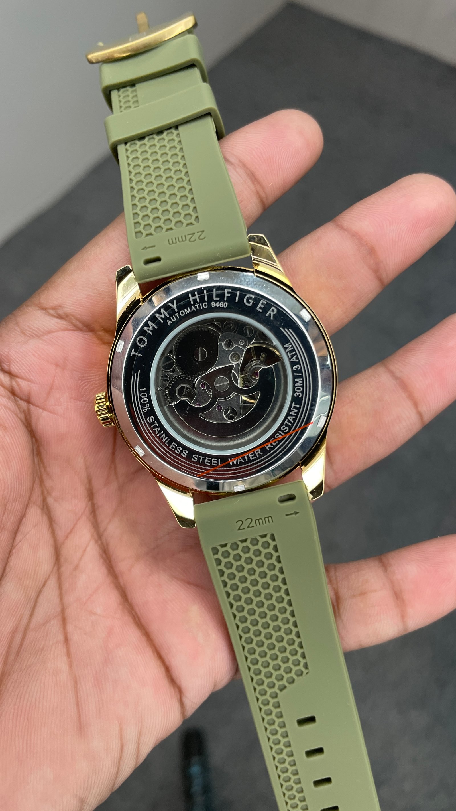 Tommy Hilfiger Automatic Silicone Olive Green Strap Gold Case With White Dial