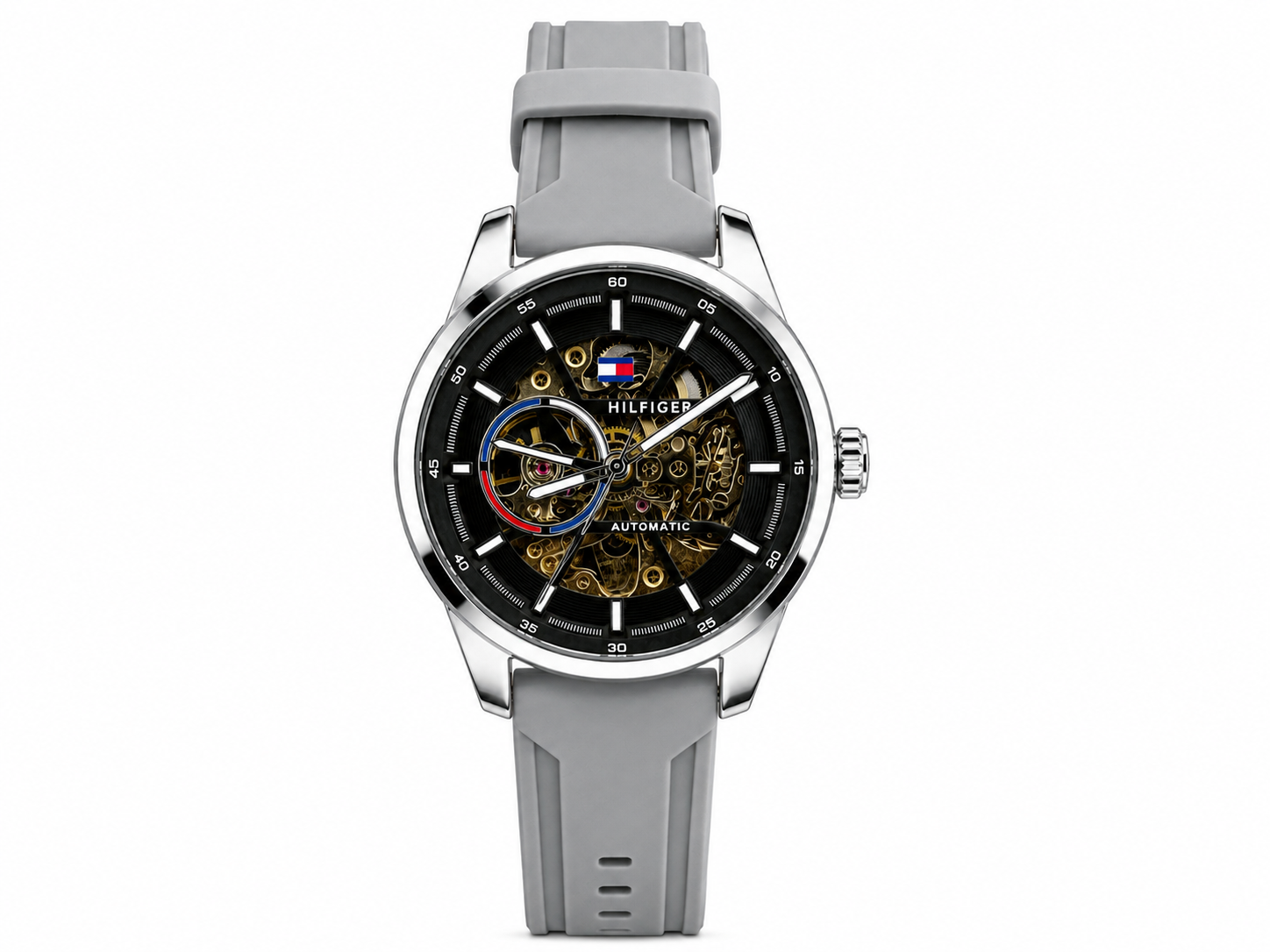 Tommy Hilfiger Automatic Silicone Grey Strap Silver Case With Black Dial