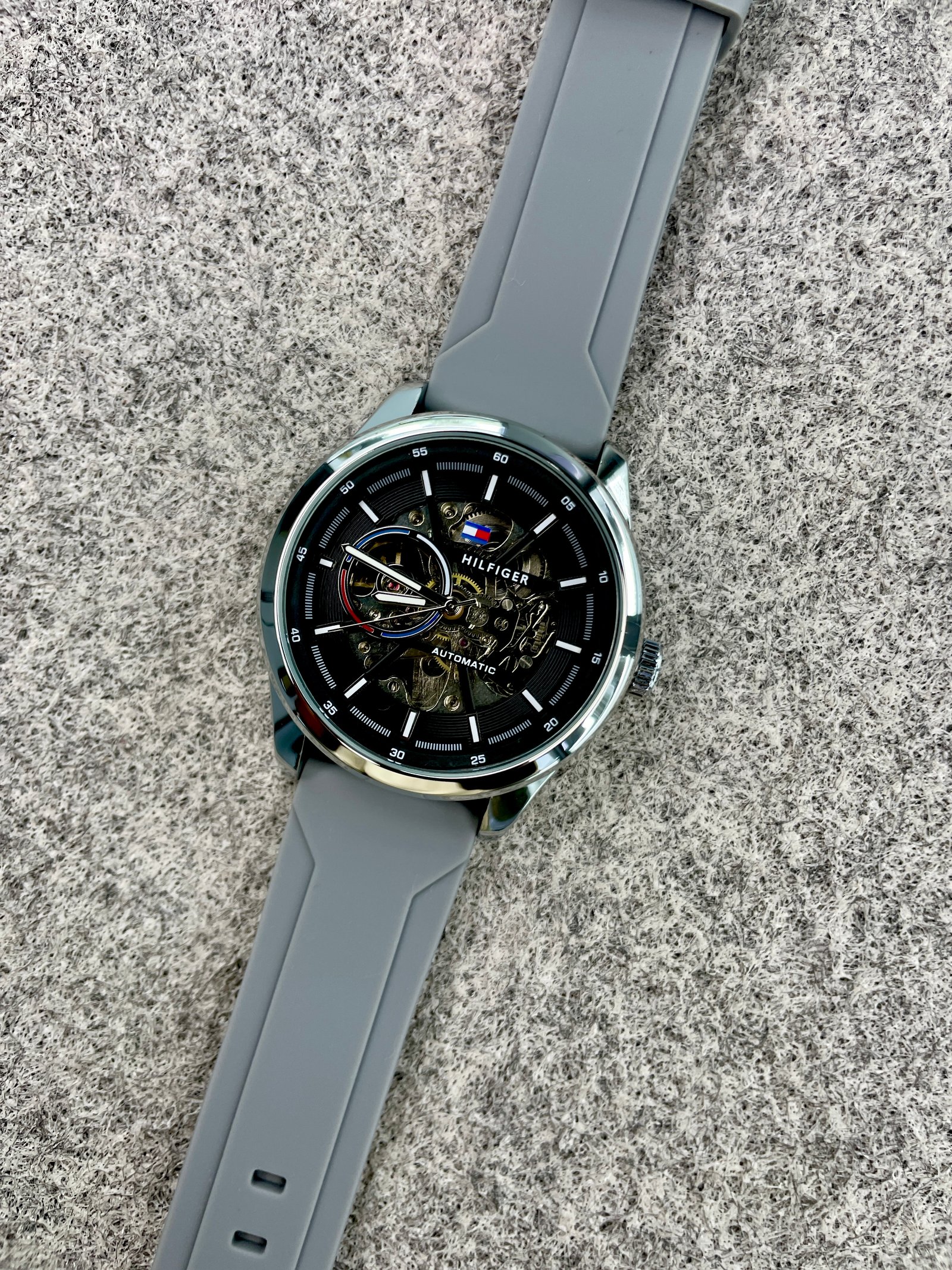 Tommy Hilfiger Automatic Silicone Grey Strap Silver Case With Black Dial