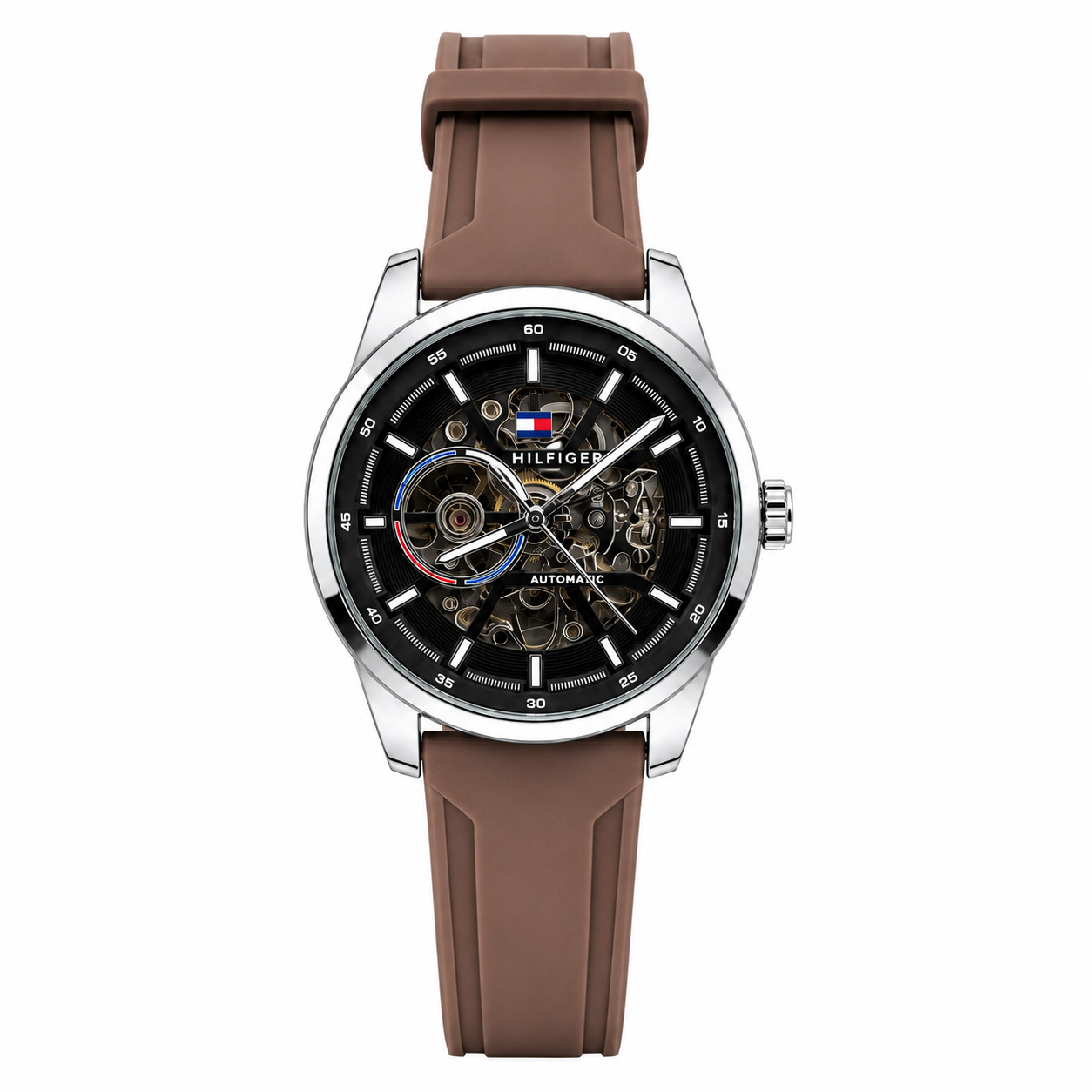 Tommy Hilfiger Automatic Silicone Brown Strap Silver Case With Black Dial