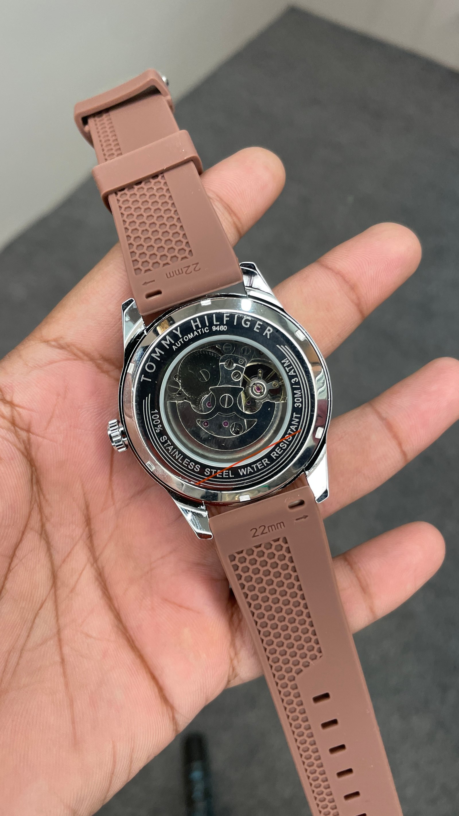 Tommy Hilfiger Automatic Silicone Brown Strap Silver Case With Black Dial