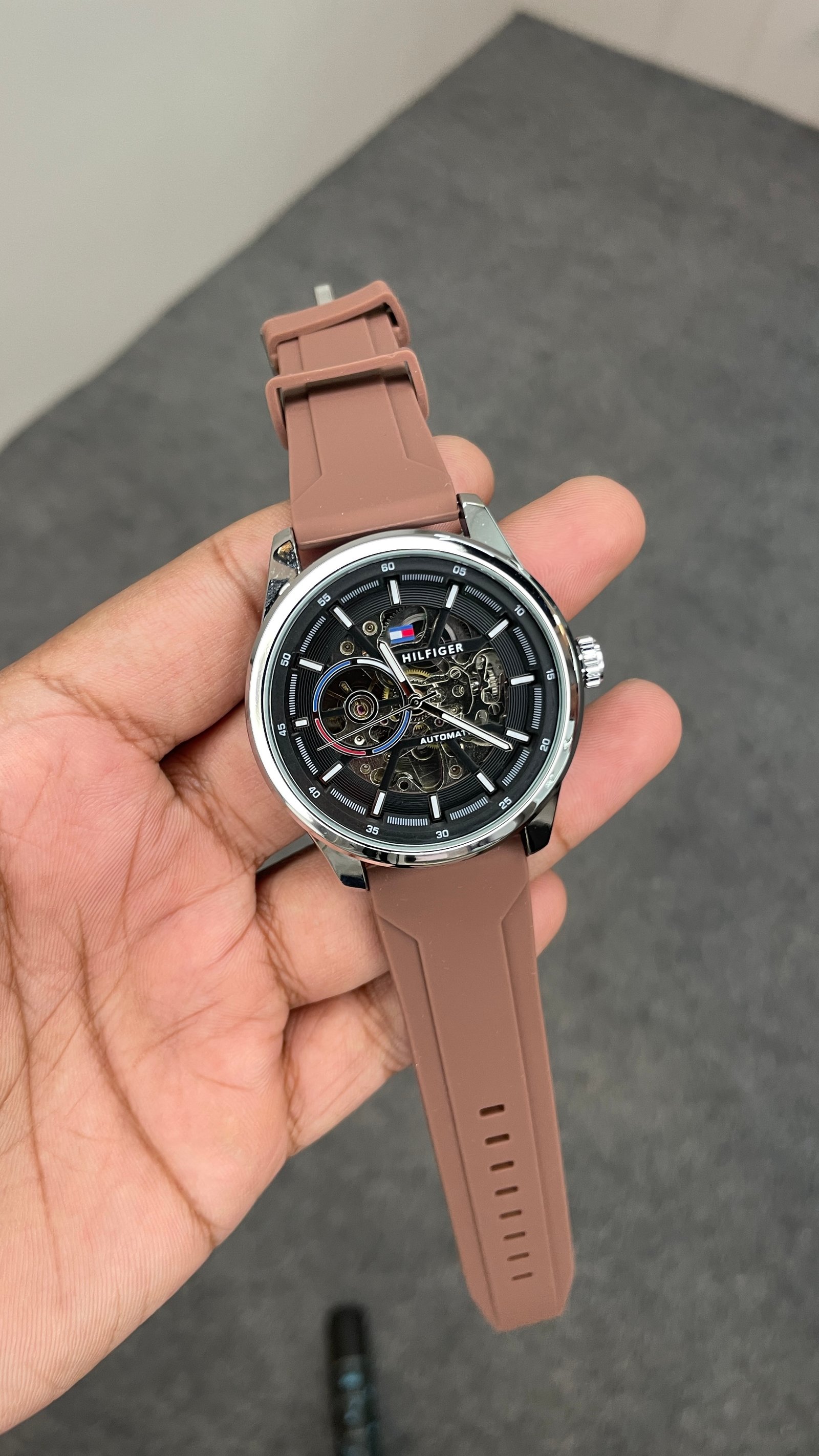 Tommy Hilfiger Automatic Silicone Brown Strap Silver Case With Black Dial