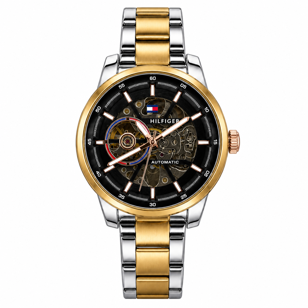 Tommy Hilfiger Automatic Silver Rose Gold Chain With Black Dial
