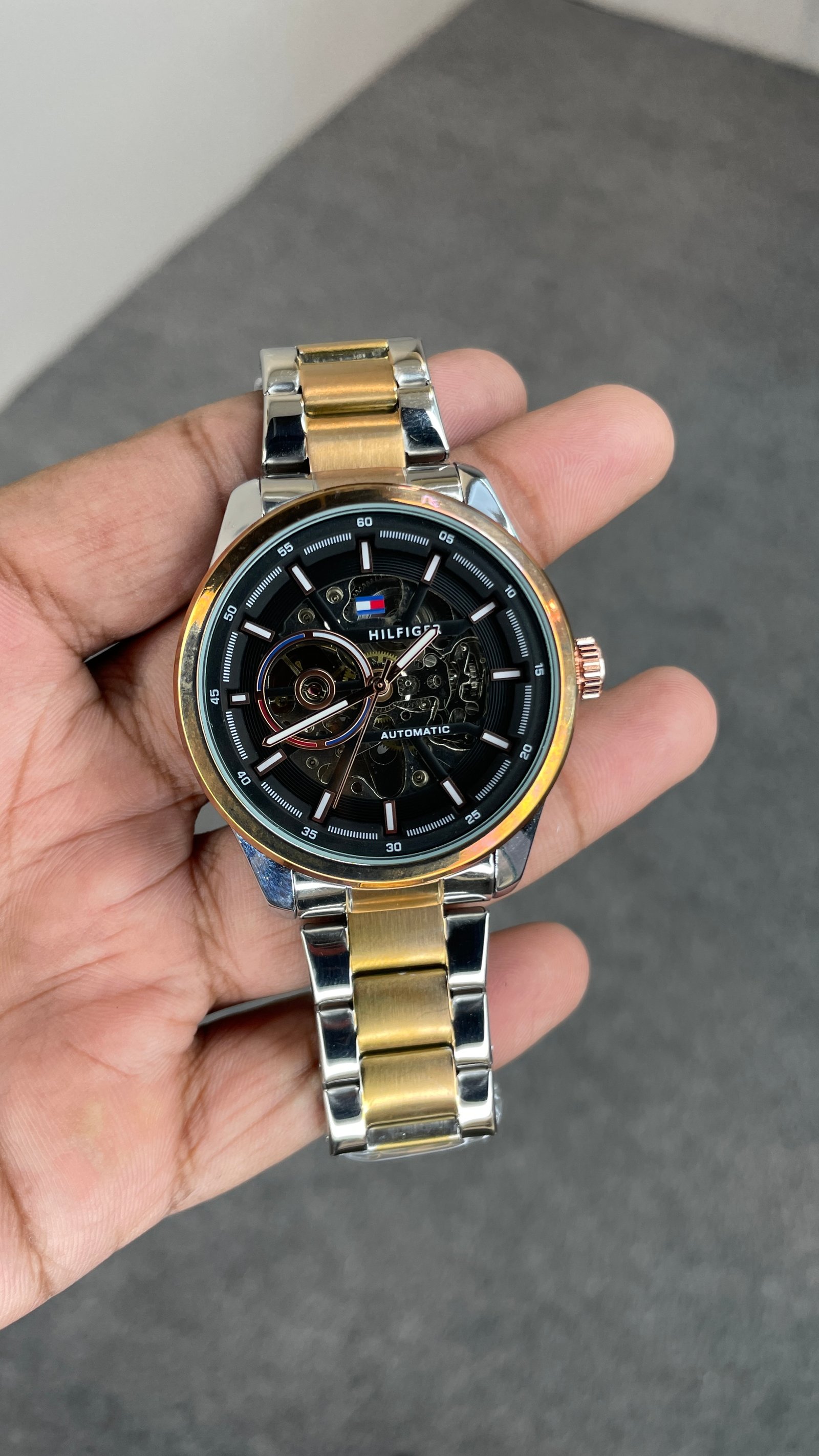 Tommy Hilfiger Automatic Silver Rose Gold Chain With Black Dial