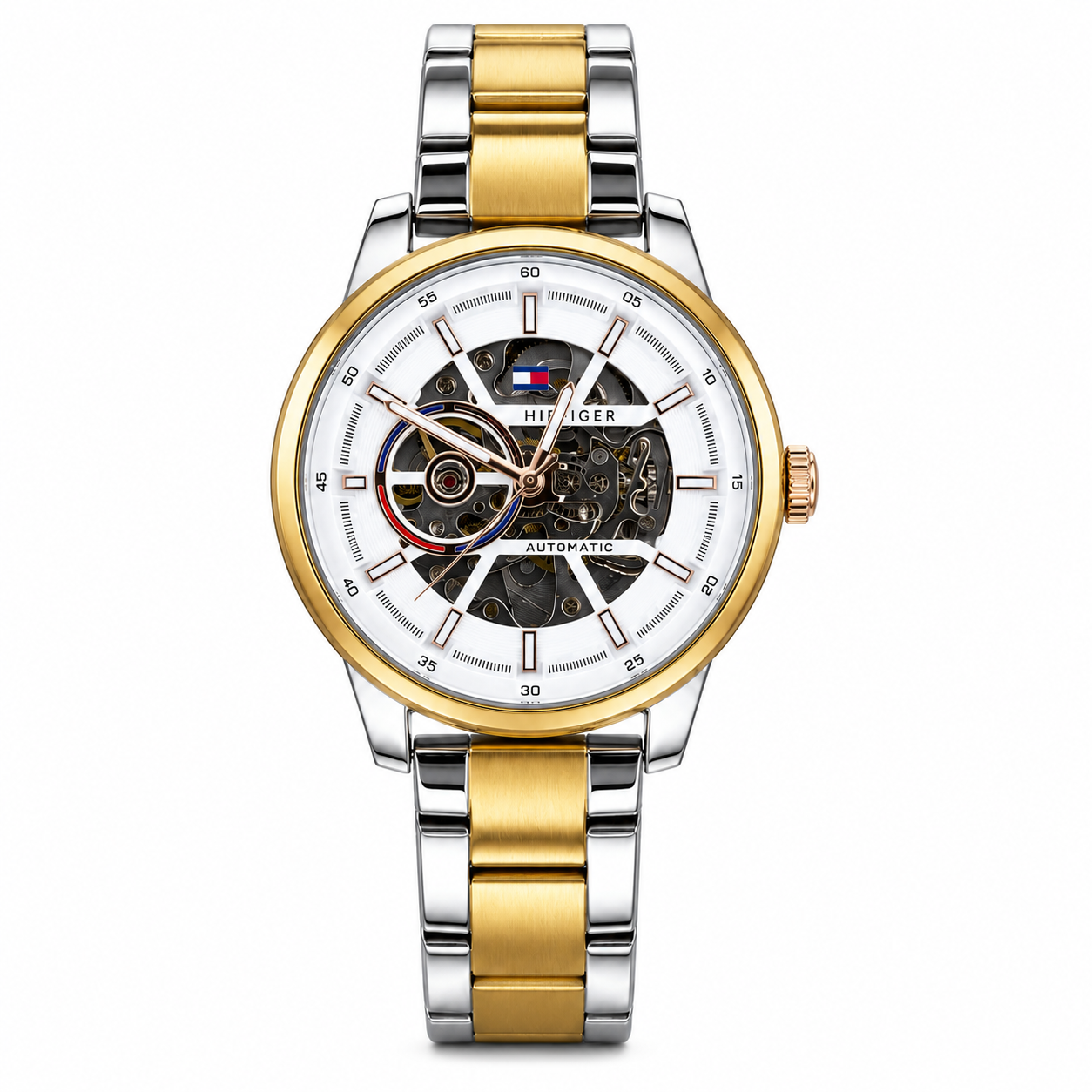 Tommy Hilfiger Automatic Silver Rose Gold Chain With White Dial
