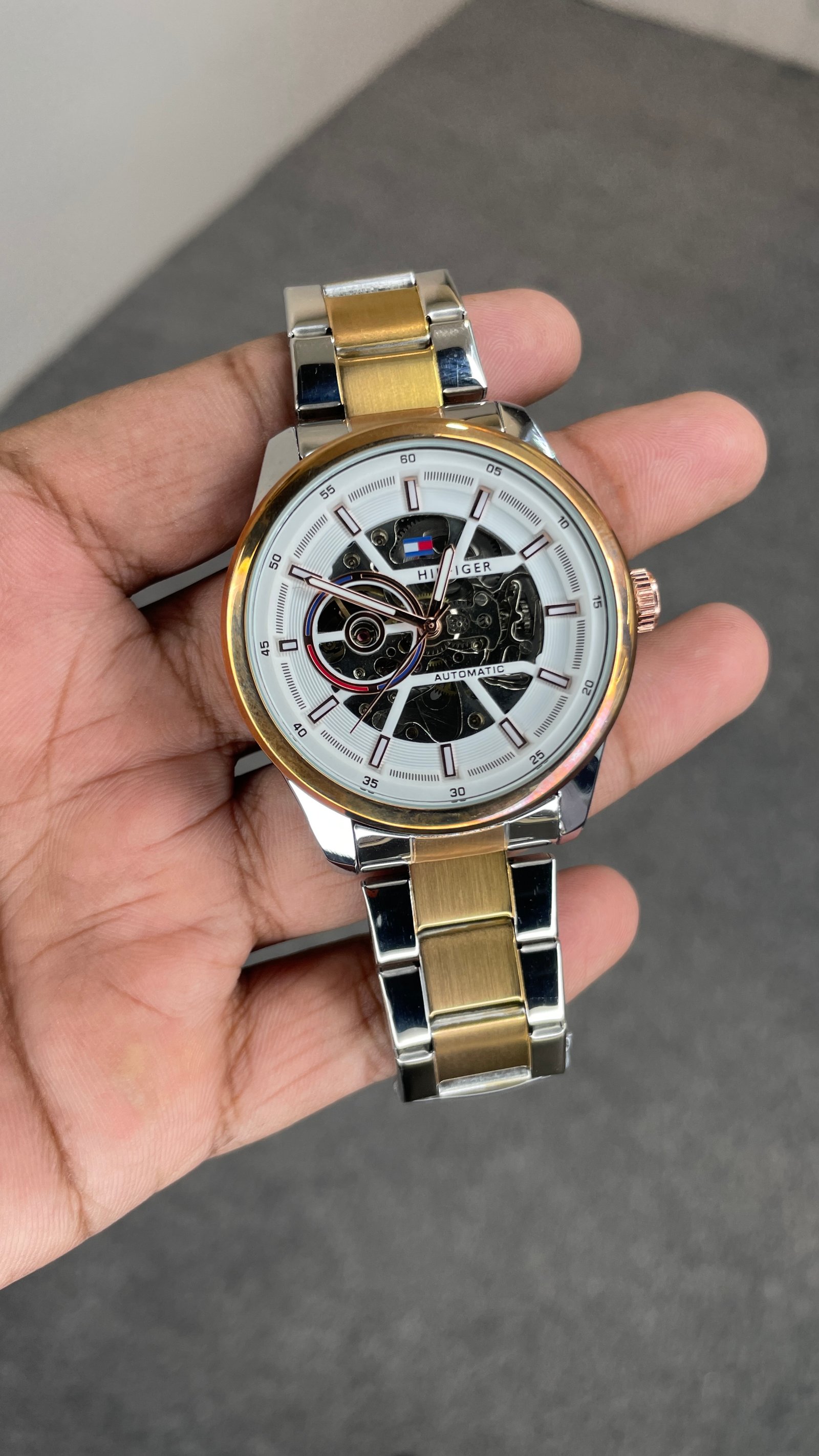 Tommy Hilfiger Automatic Silver Rose Gold Chain With White Dial