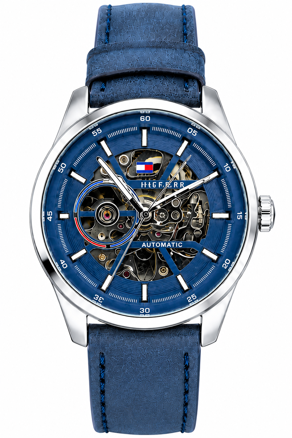 Tommy Hilfiger Automatic Leather Blue Strap Silver Case With Blue Dial