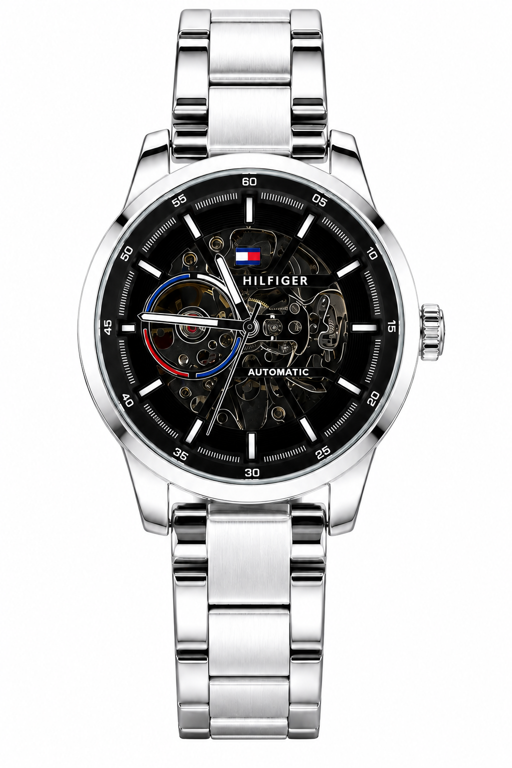 Tommyy Hilfigerr Automatic Silver Chain With Black Dial