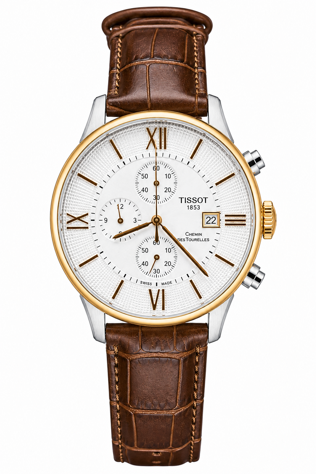 Tisssot Slim Leather Chronograph Working Brown Strap Silver Rose Gold Case White Dial