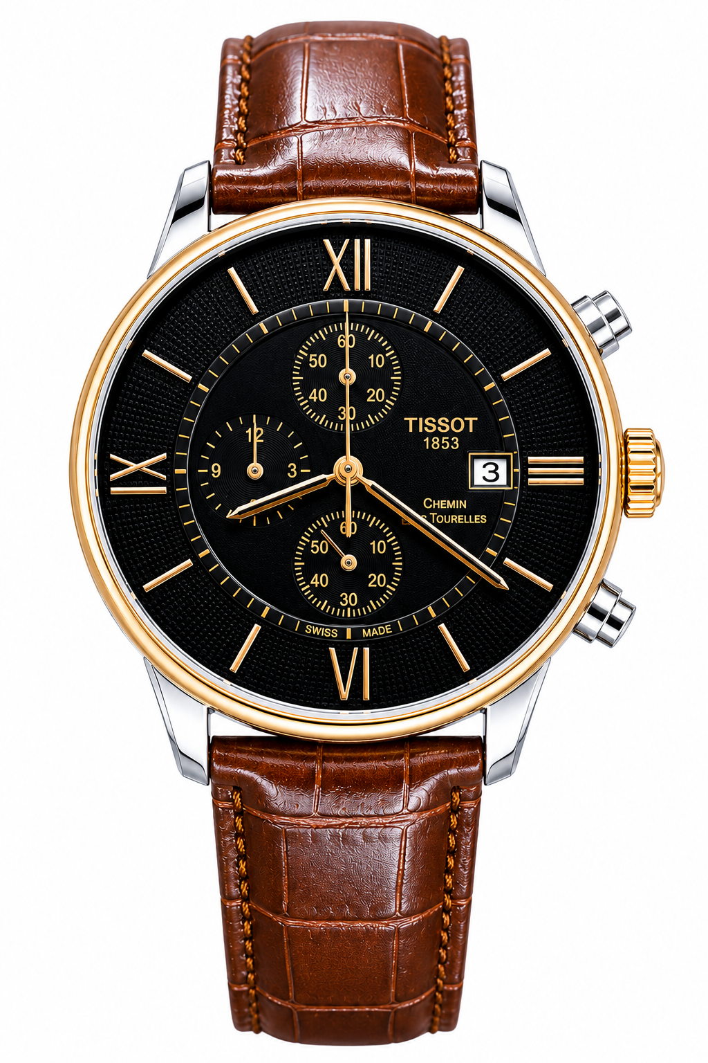 Tisssot Slim Leather Chronograph Working Brown Strap Silver Rose Gold Case Black Dial
