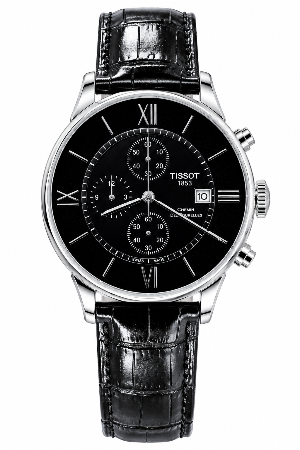 Tisssot Slim Leather Chronograph Working Black Strap Silver Case Black Dial