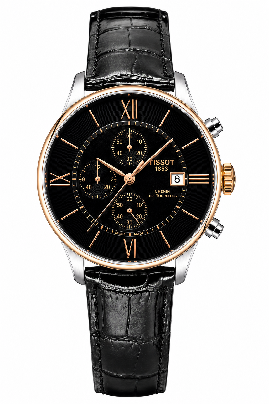 Tisssot Slim Leather Chronograph Working Black Strap Silver Gold Case Black Dial