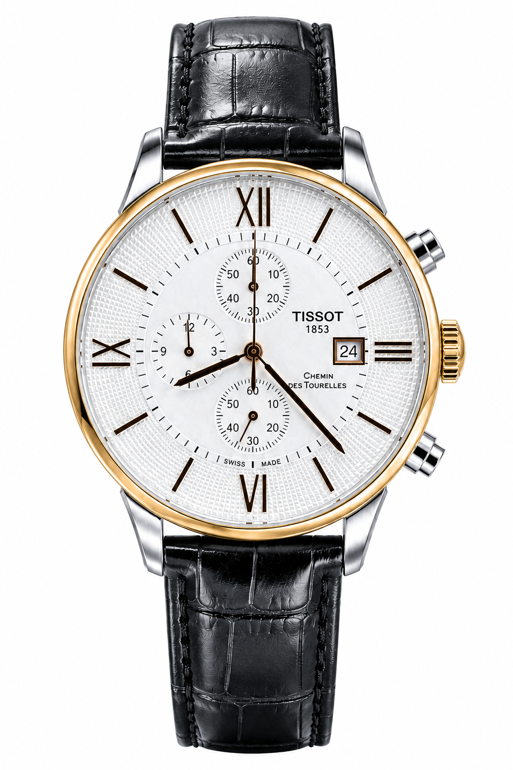 Tisssot Slim Leather Chronograph Working Black Strap Silver Gold Case White Dial