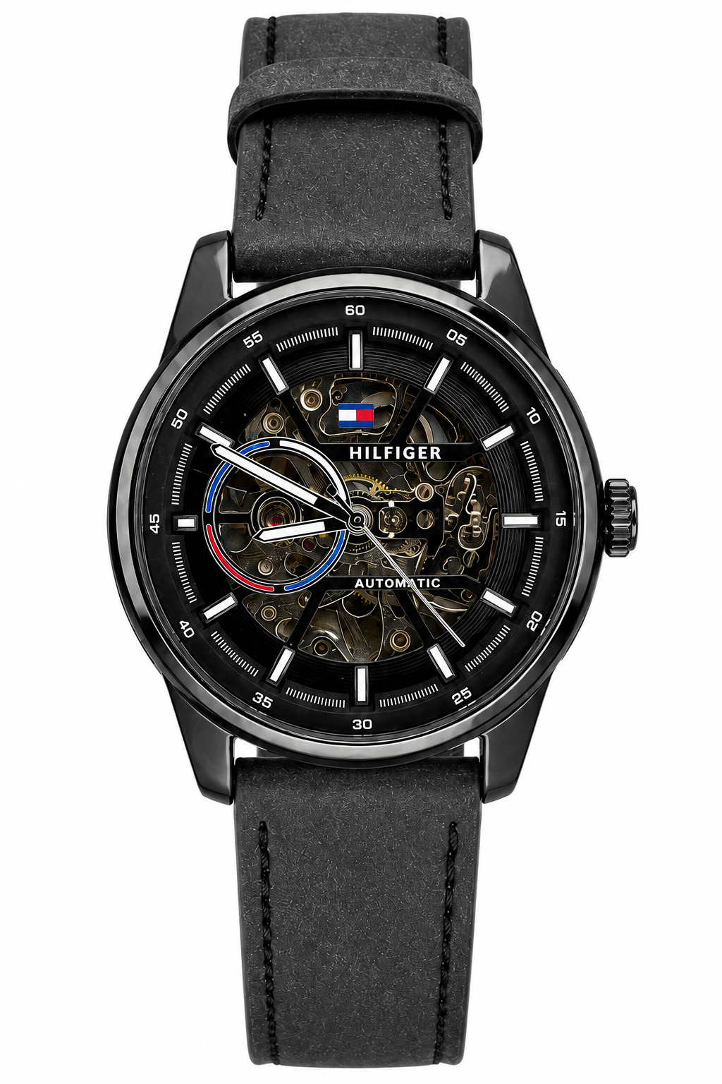 Tommy Hilfiger Automatic Leather Black Strap Black Case With Black Dial